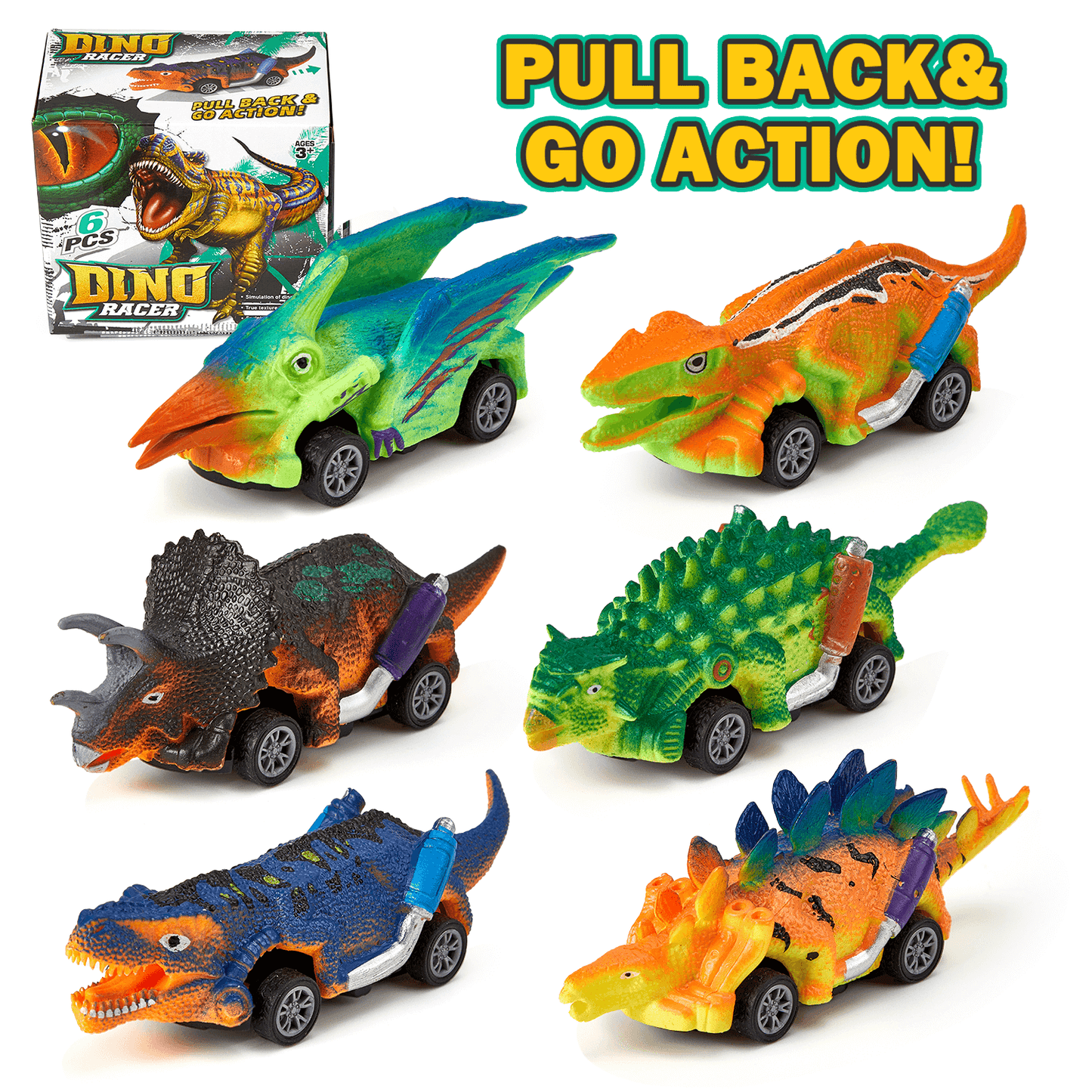 6 Pack Dinosaur Pull Back Car Toy