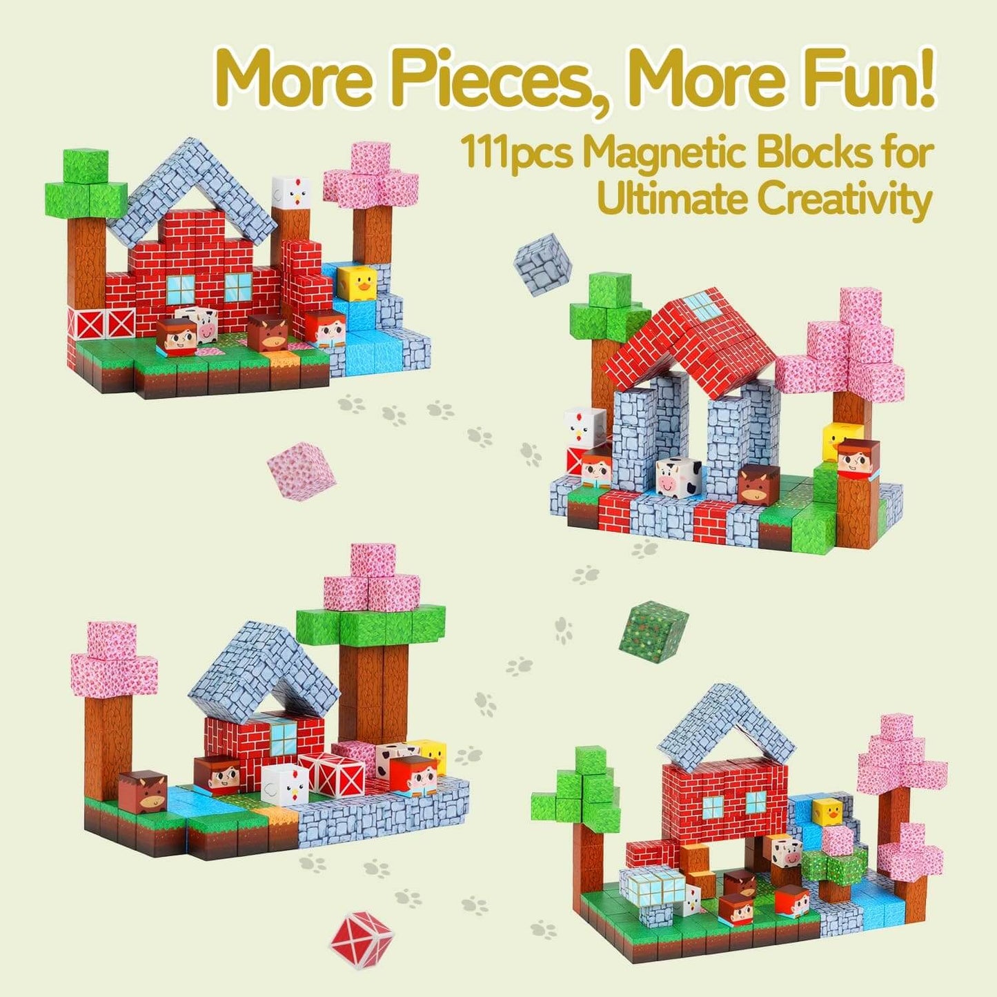 Multiple creative constructions made with 111pcs magnetic blocks. Highlights ‘More Pieces, More Fun!’ concept, showcasing ranch - style buildings and imaginative designs for ultimate creativity.