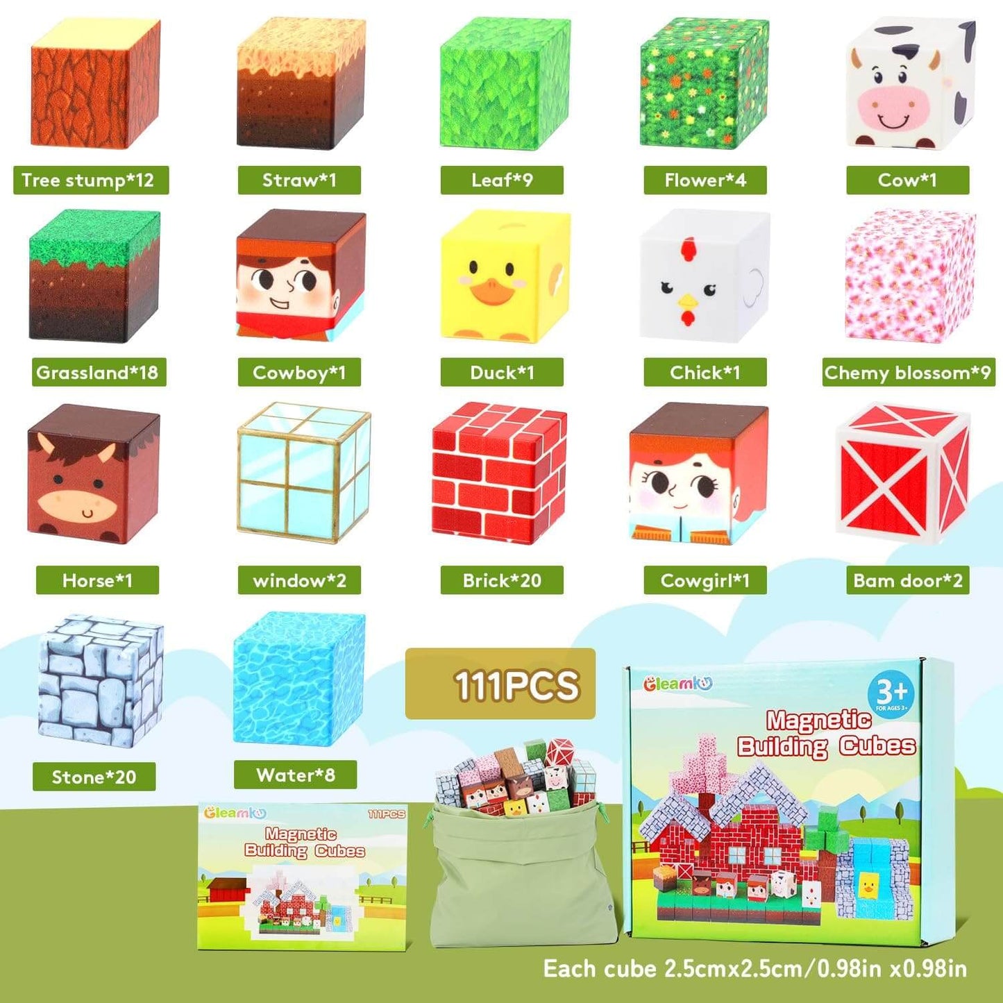 Detailed display of 111PCS magnetic building blocks, including tree stump, cow, brick, and other themed cubes. Each cube size: 2.5cmx2.5cm. Shows storage bag and product packaging for Magnetic Building Cubes.