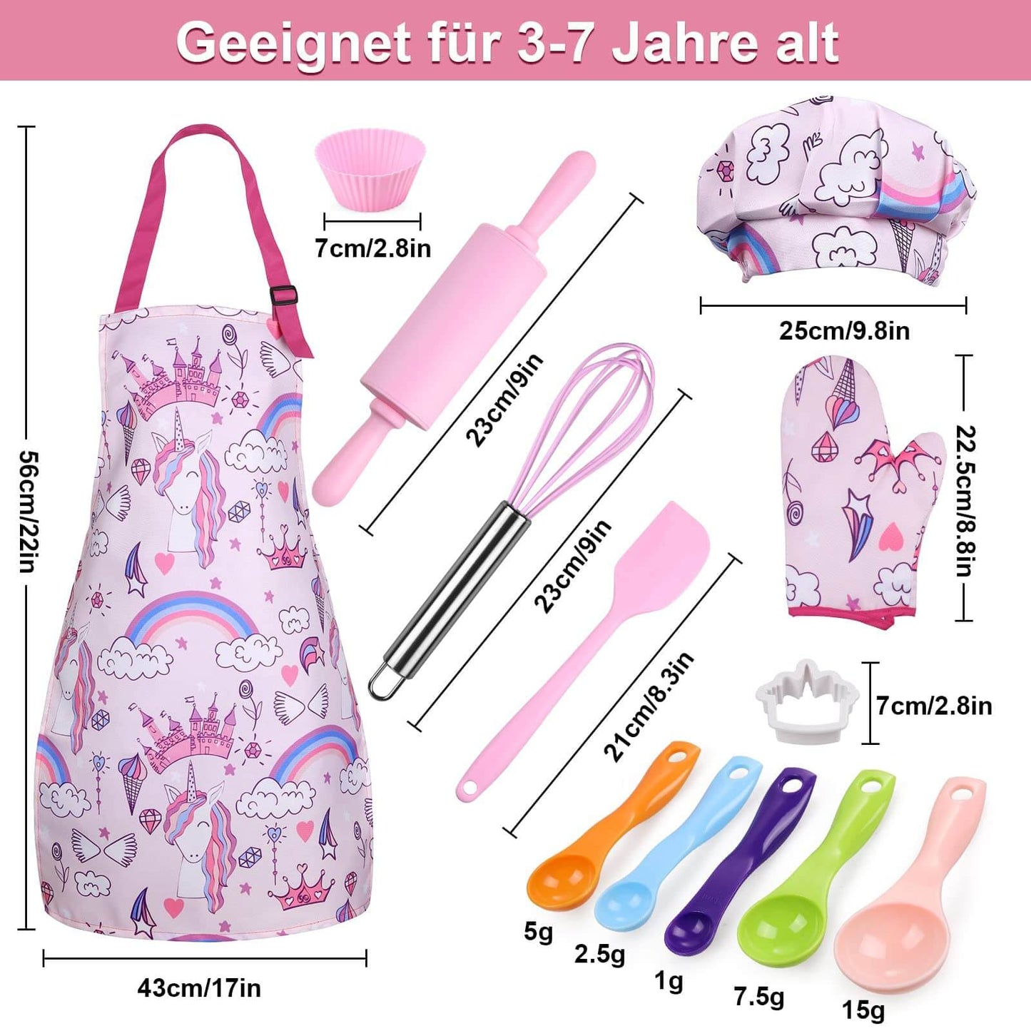 Dimensions of Gleamkid 27 piece kids cooking and baking set for girls.