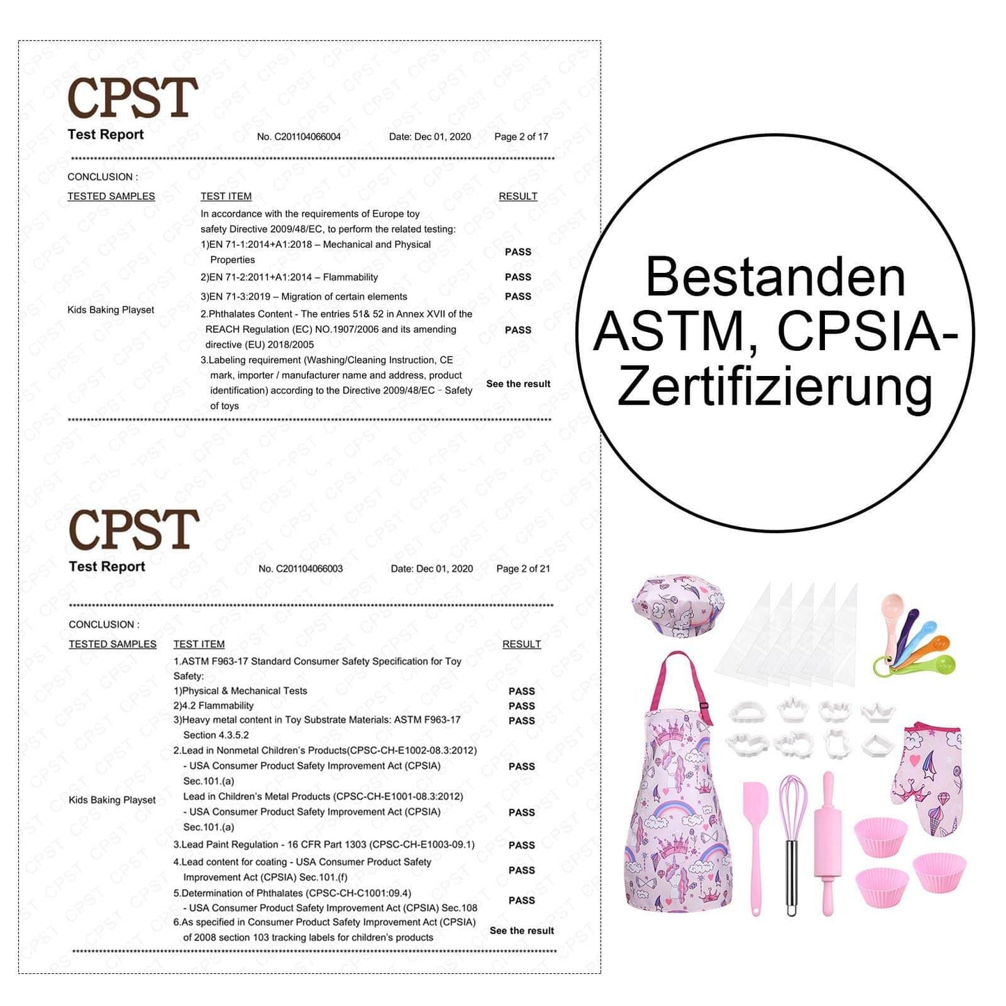 Gleamkid cooking and baking set for girls with ASTM and CPSIA certifications, ensuring safety and quality.