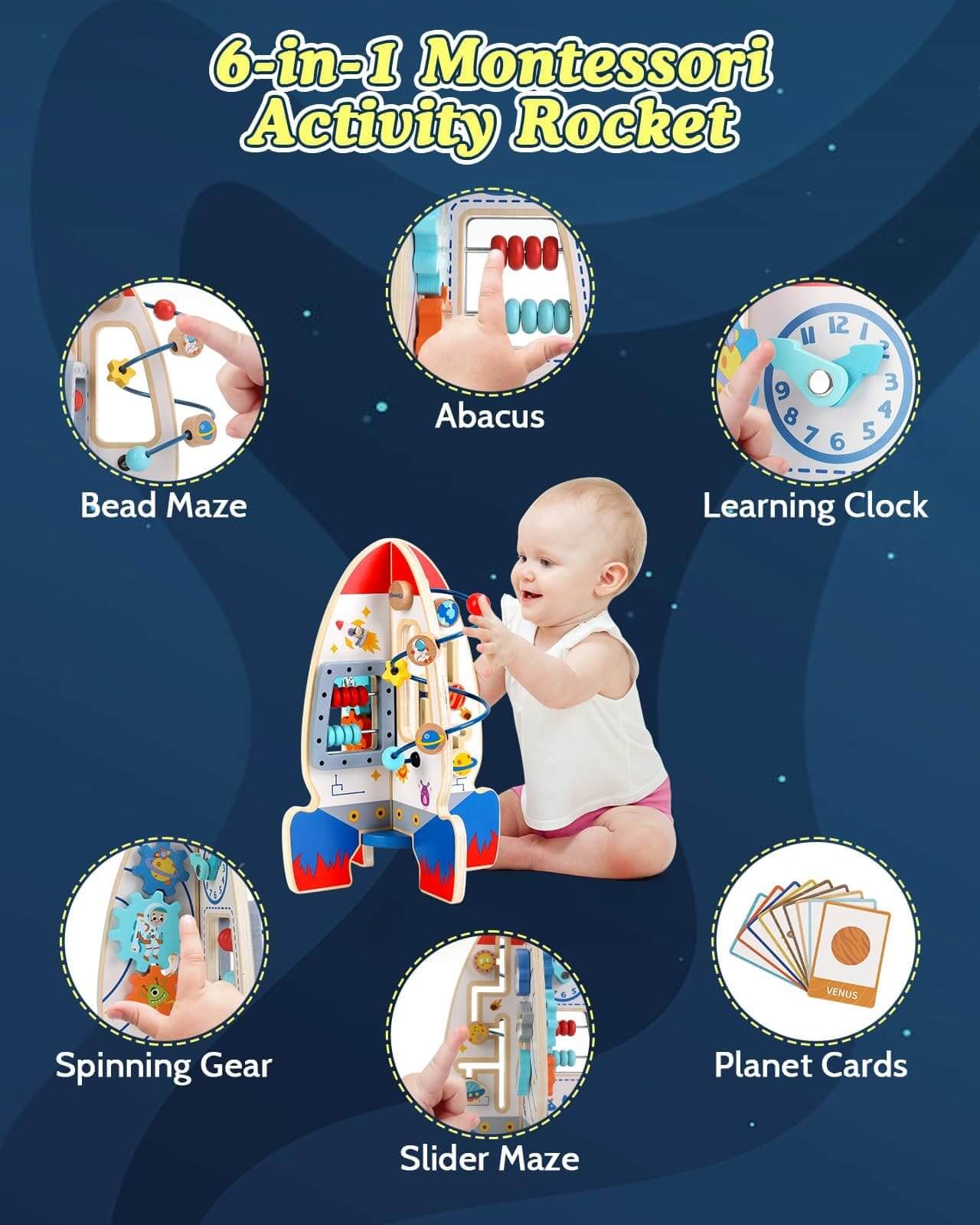 6 in 1 Montessori activity rocket toys featuring bead maze, abacus, learning clock, and more. Perfect for early childhood development as montessori toys for 1 year old and educational toys for 3 year olds, with a baby engaging in play.