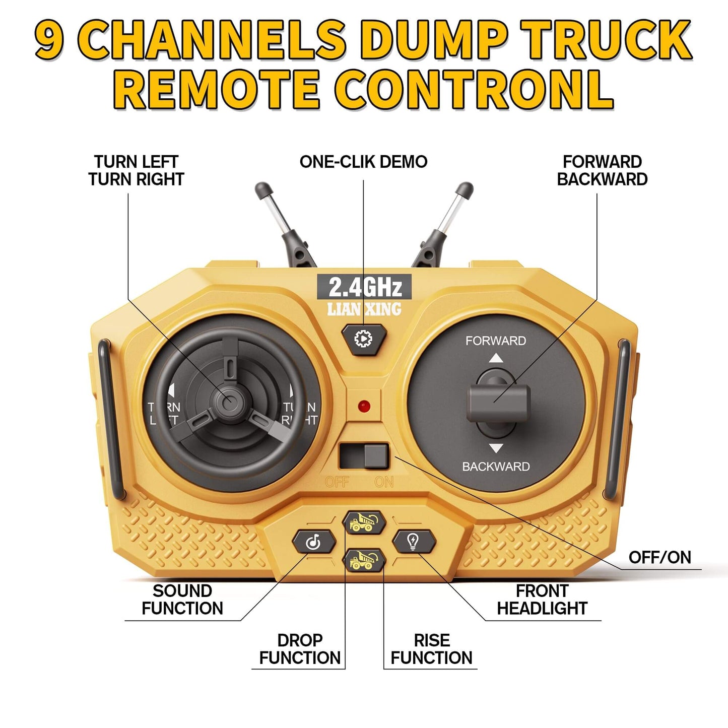 Gleamkid 9 channel dump truck remote control. 2.4GHz, labeled with functions like turn left/right, forward/backward, etc.