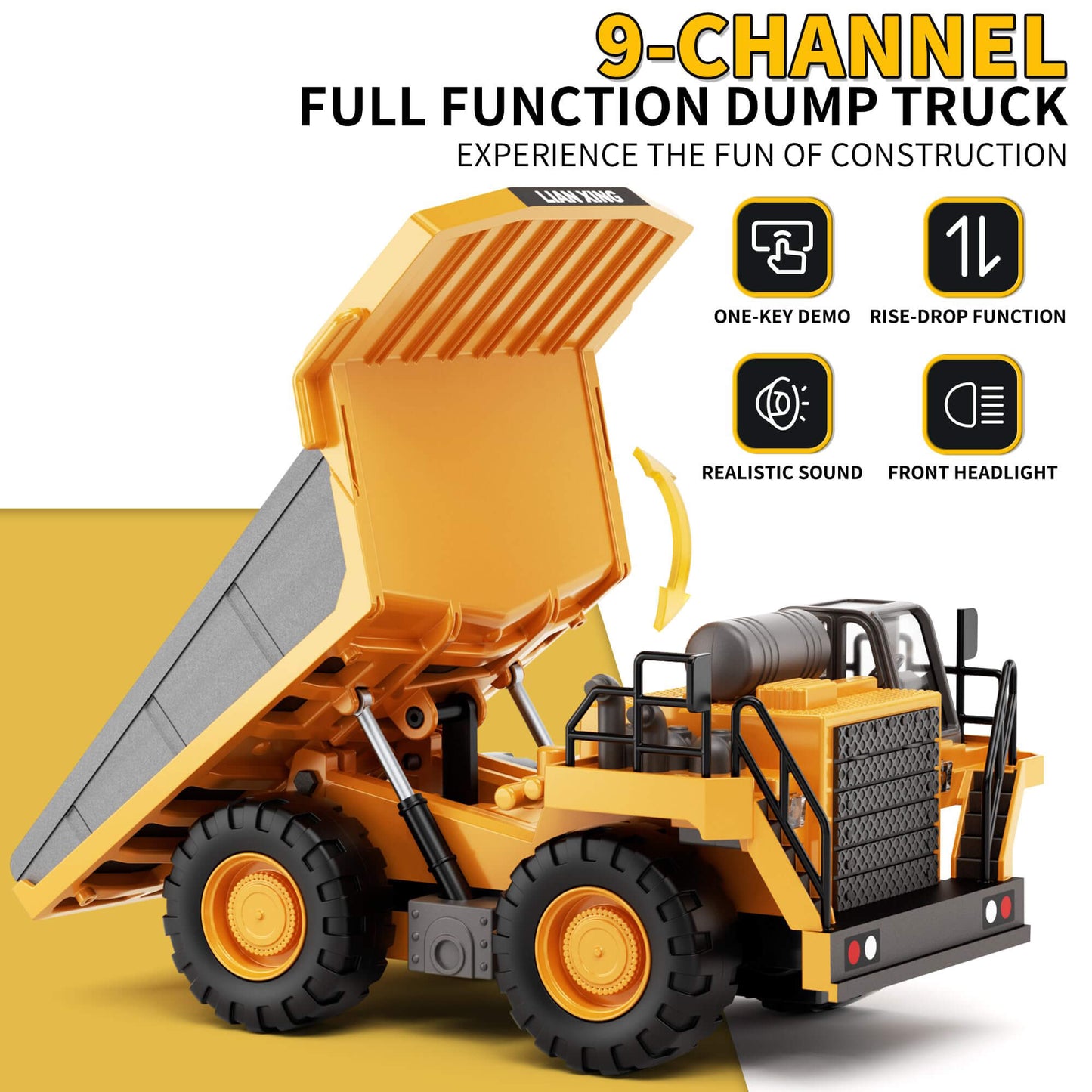 Gleamkid 9 channel full function dump truck. Features one-key demo, rise-drop function, realistic sound, and front headlight.