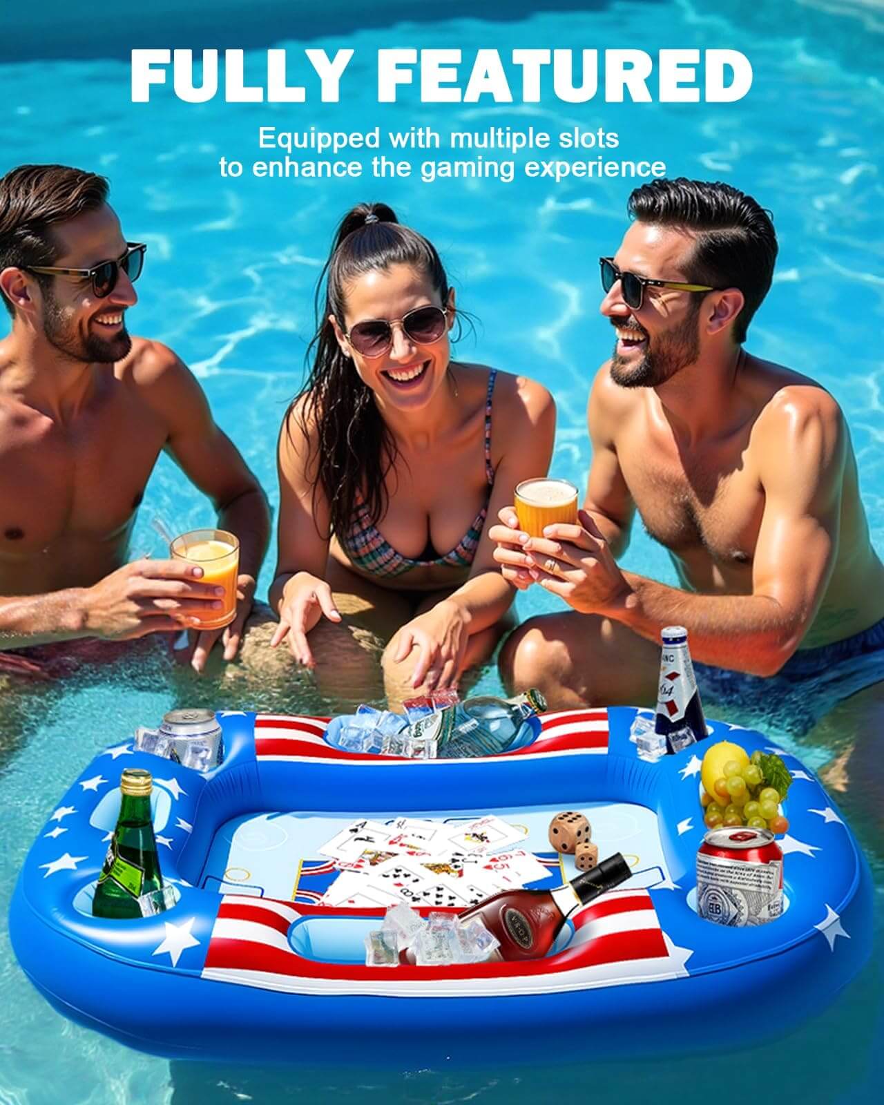 People having fun around a fully featured floating pool games table