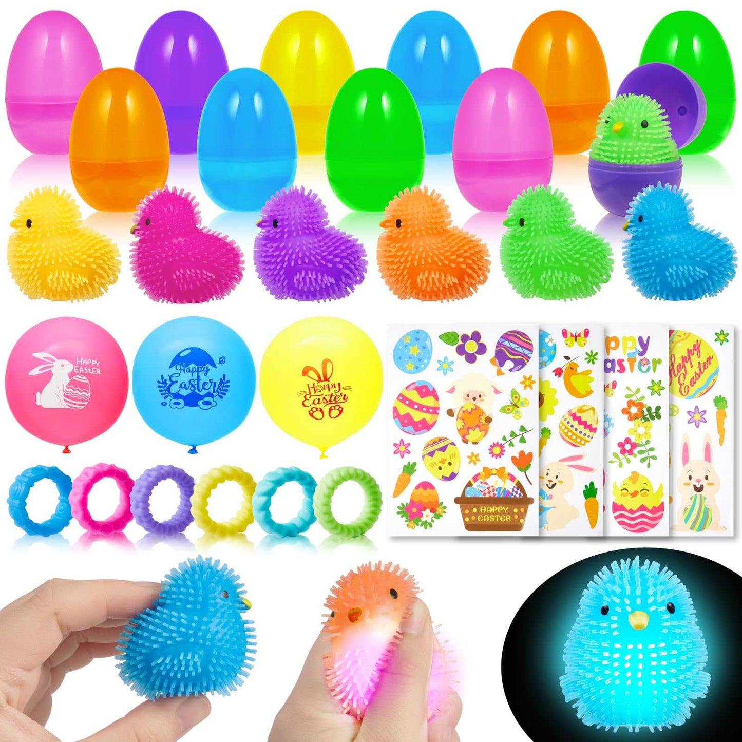 Overview of Easter egg toys set including colorful eggs, chick LED balls, balloons, sensory rings and stickers.