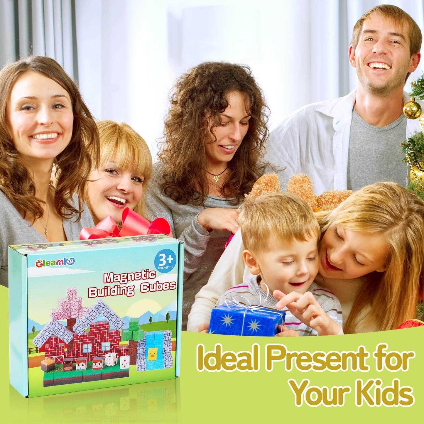 Parents give magnetic building blocks to their children as gifts