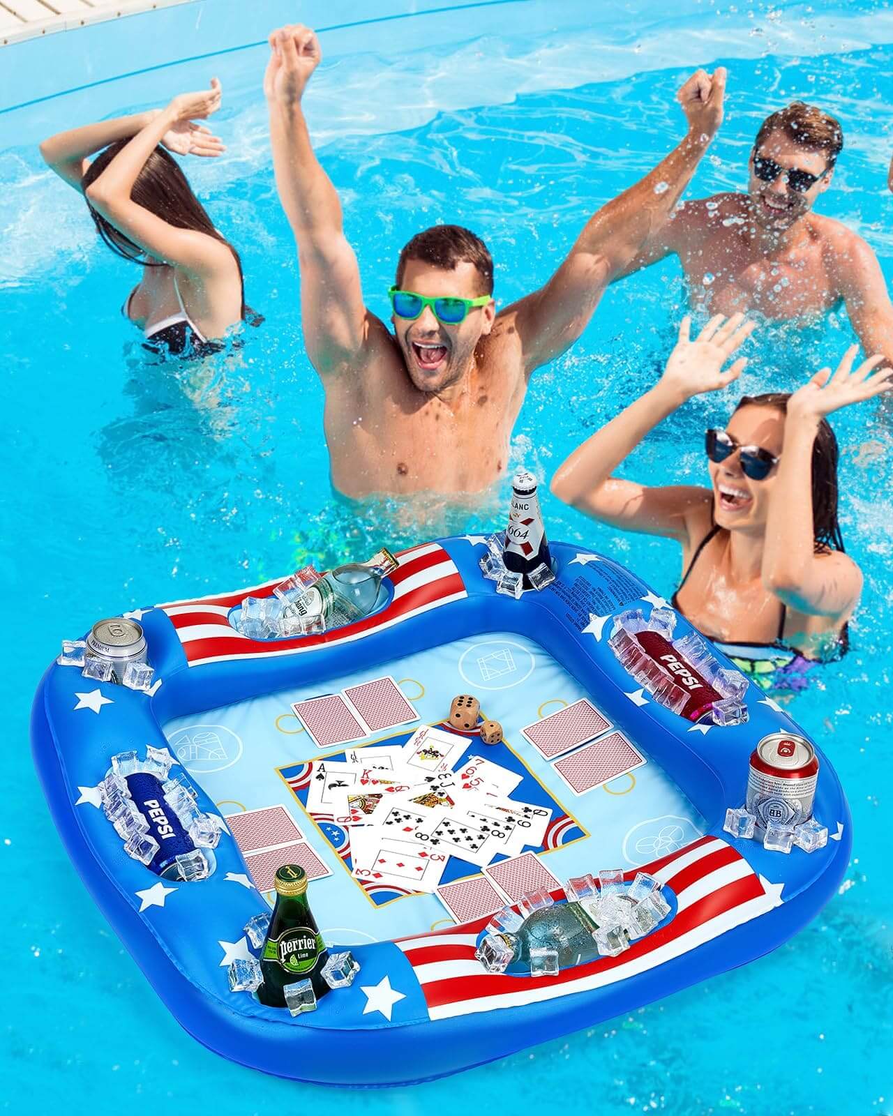 Adults celebrating at a pool party with a floating pool games table, featuring waterproof cards.