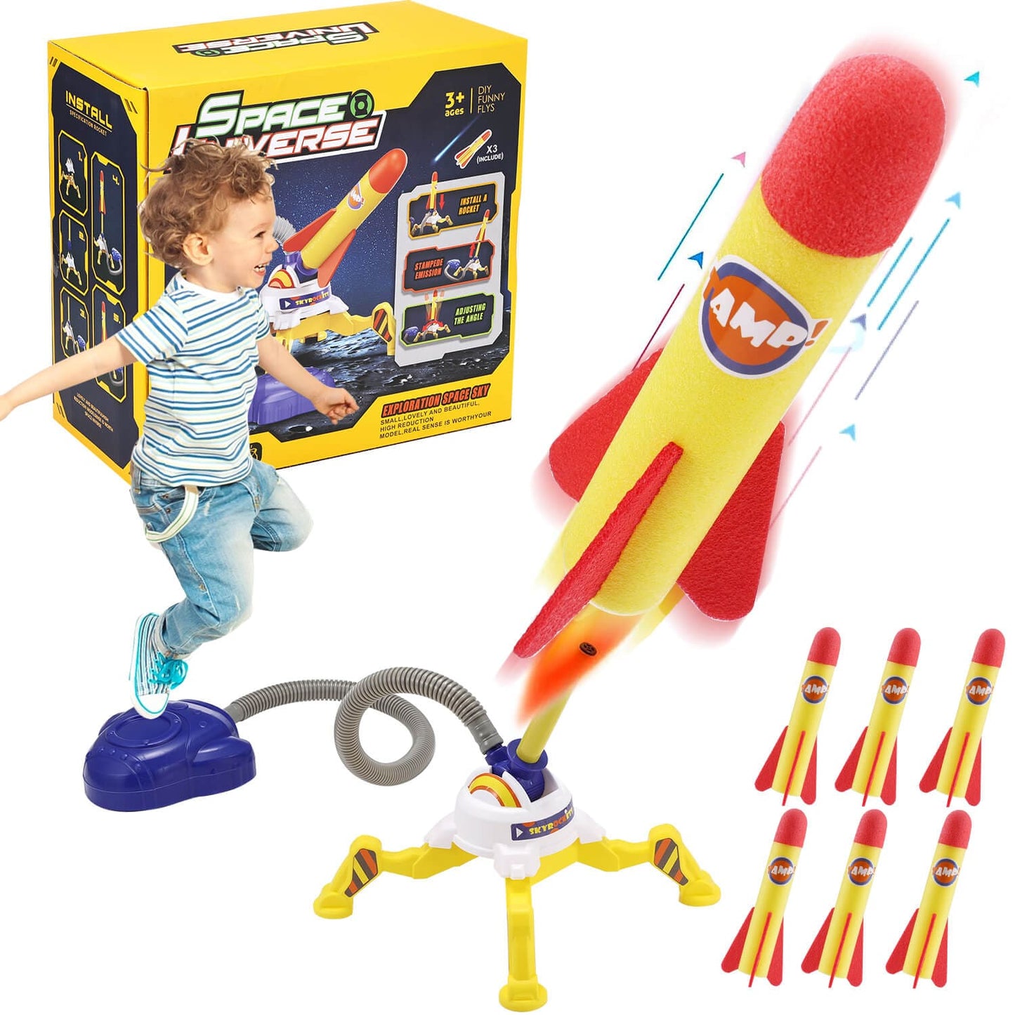 Boy jumps to launch gleamkid foam rocket sky high