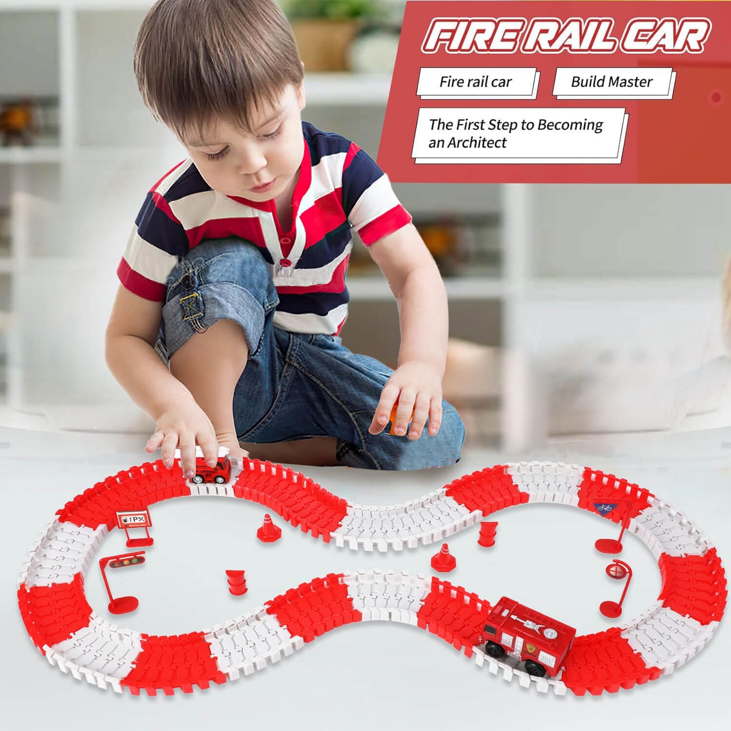 Young boy focused on playing with the fire rail car from the 152PCS Fire Rescue Race Car Track Set.