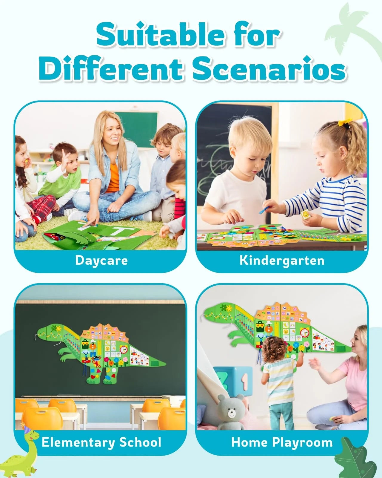 A versatile sensory wall panel shown in different scenarios like a daycare, kindergarten classroom, and home playroom.