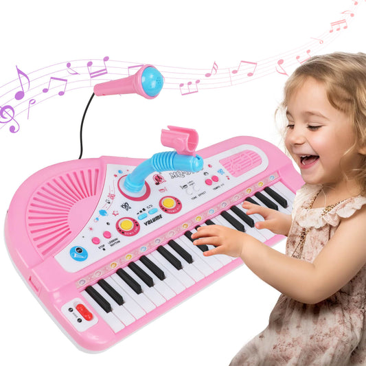 A child joyfully playing a pink 37 keys piano toy with a microphone, enjoying a musical moment.