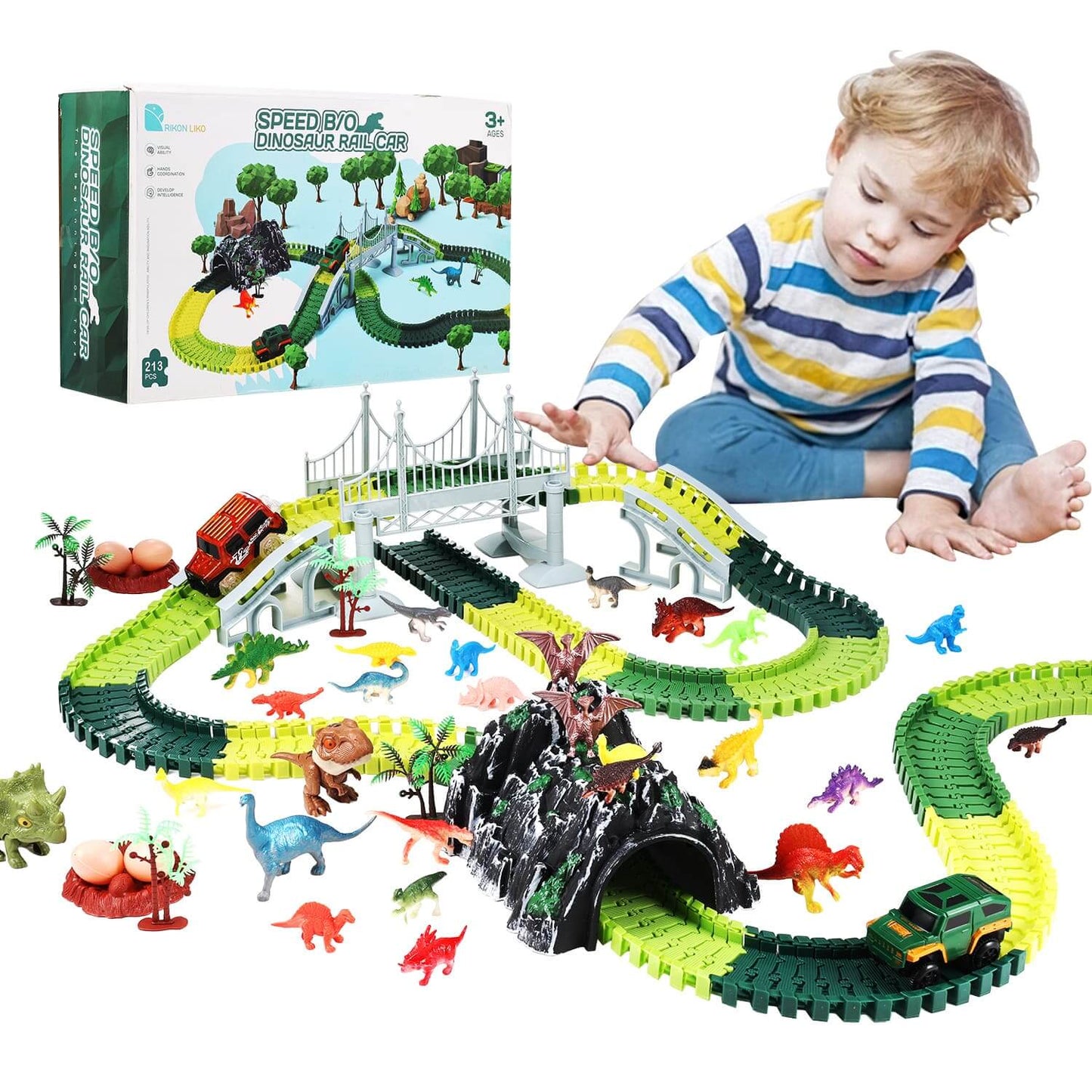 Child enjoying Anpro dinosaur race car track set. Ideal for kids aged 3+