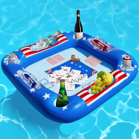 Close   up view of a floating pool games table with waterproof playing cards and dice for pool games.