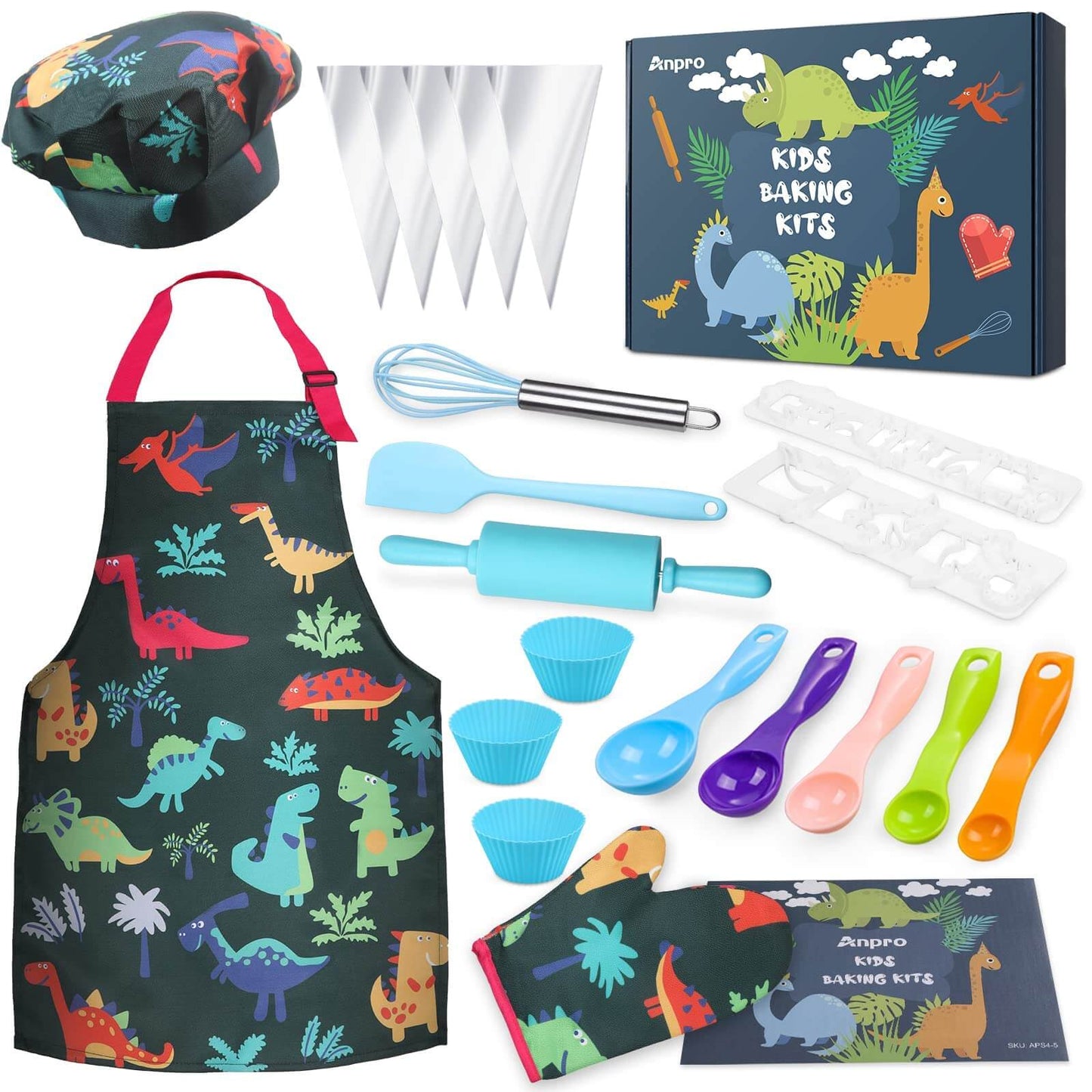 Complete kids cooking and baking set. Includes apron, hat, utensils, and dinosaur themed molds.