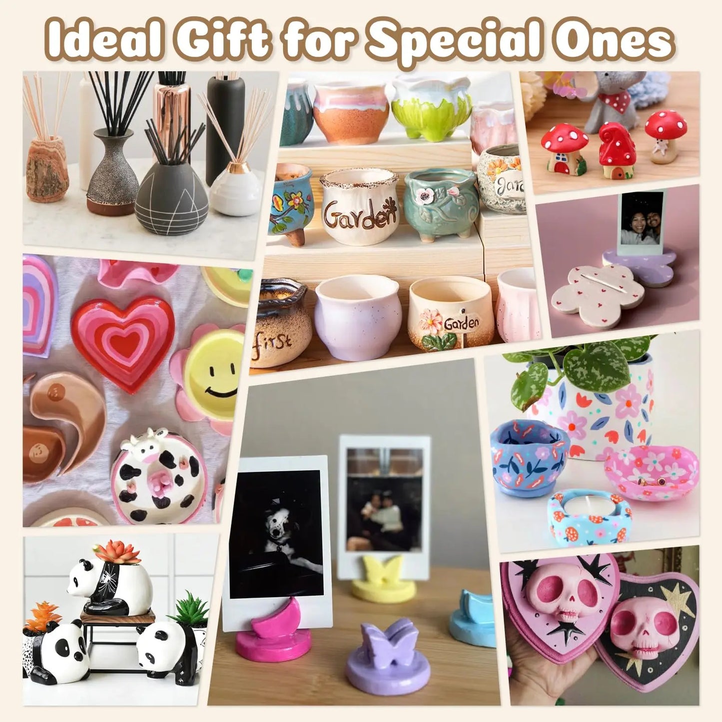 A collage of creative projects made with the air dry clay kit, showing it is an ideal gift for special occasions.