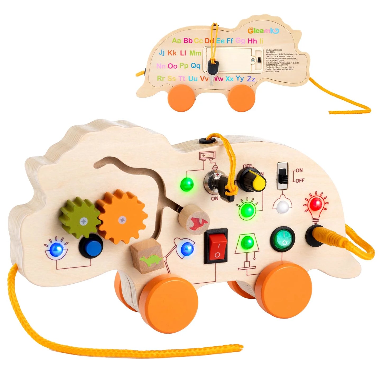 Wooden dinosaur busy board showing the front with LED lights and switches, and the back with the alphabet for learning.