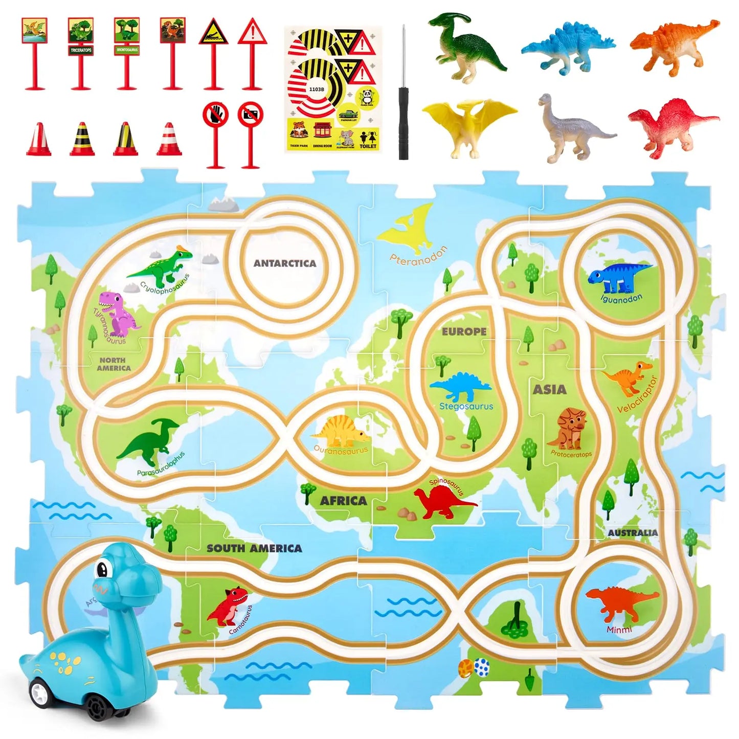 An assembled dinosaur floor puzzle that creates a fun race track, complete with a toy car and road signs.