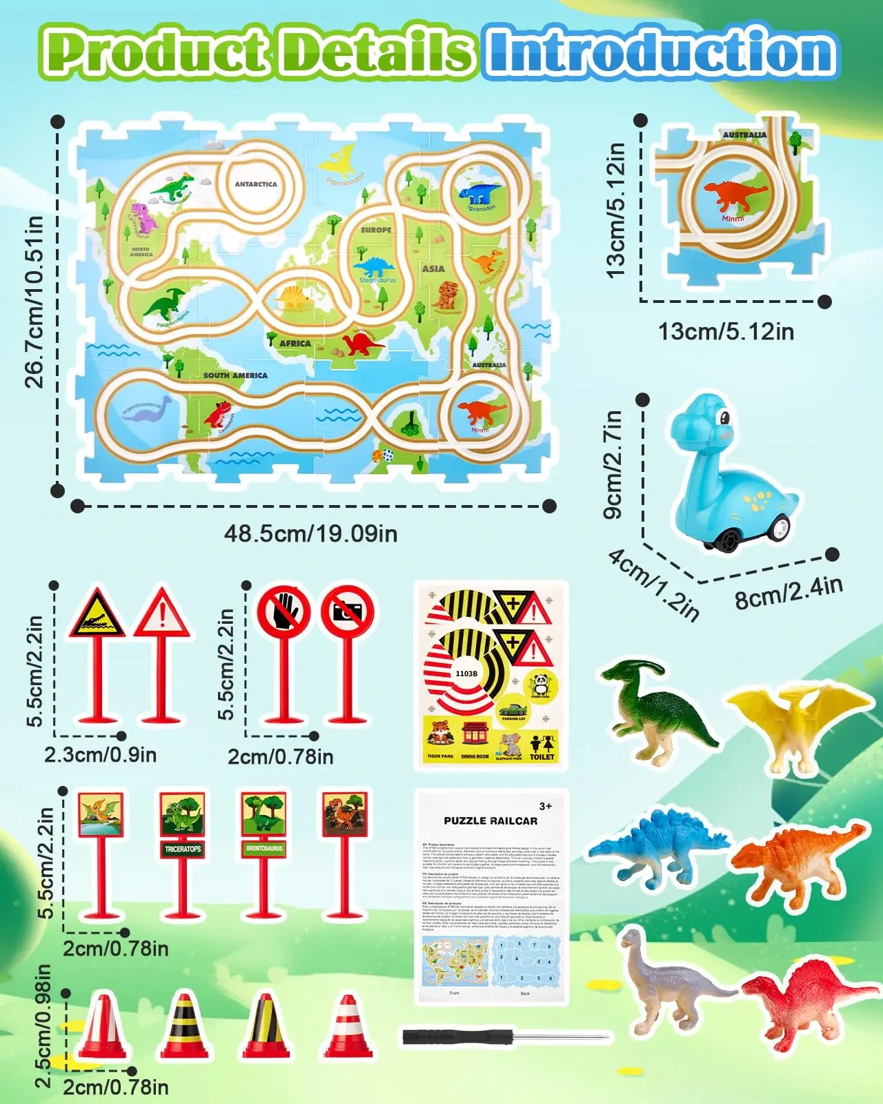 Product details and dimensions for the dinosaur puzzle track set