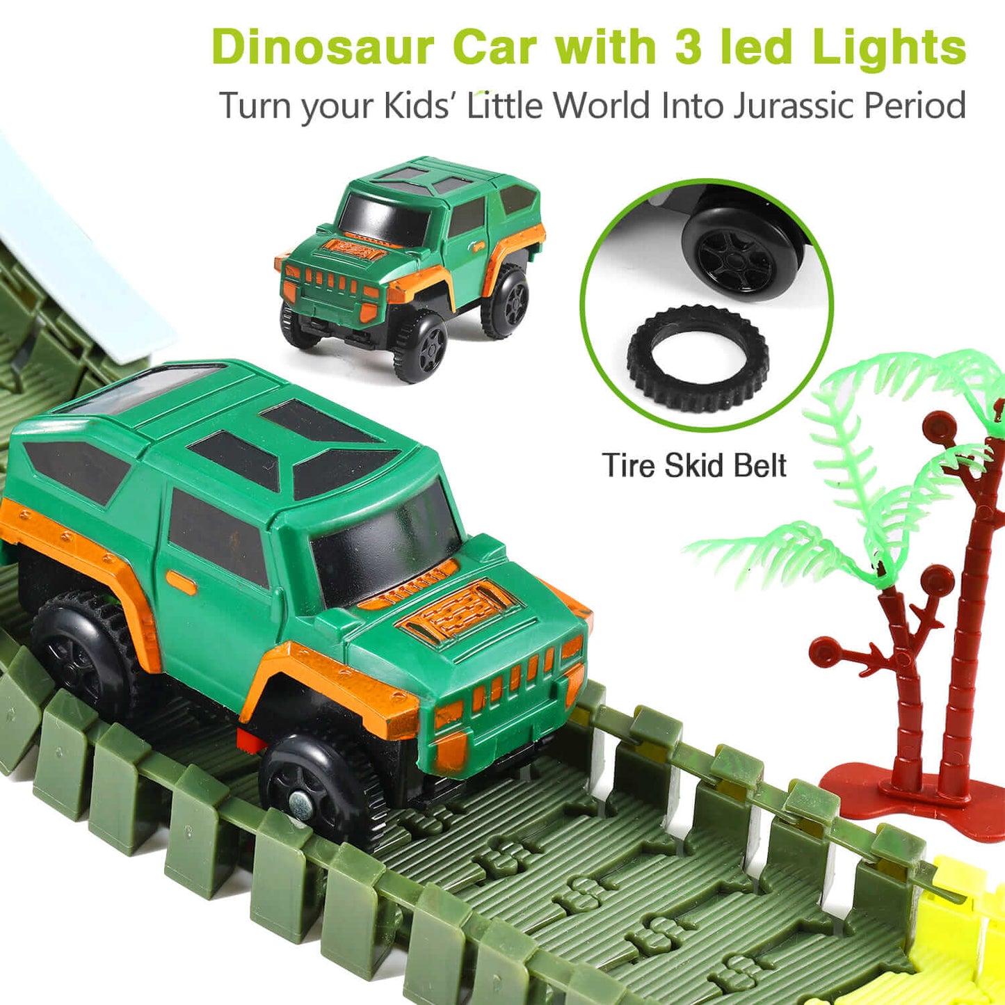 dinosaur car with 3 LED lights and tire skid belt.