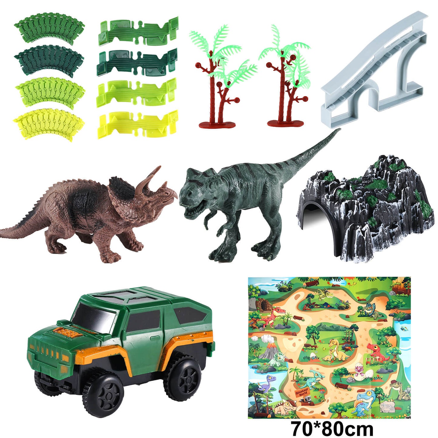 Track pieces, dinosaur figures, car and theme map of 250PCS dinosaur race track set.