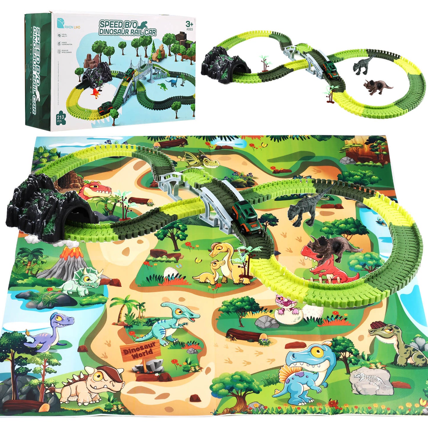 250PCS Dinosaur Race Track Set with packaging box, 70*80cm dinosaur theme map and assembled tracks.