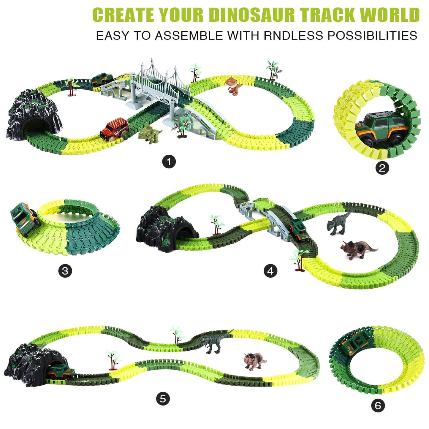 Various assembly layouts of Gleamkid dinosaur track set