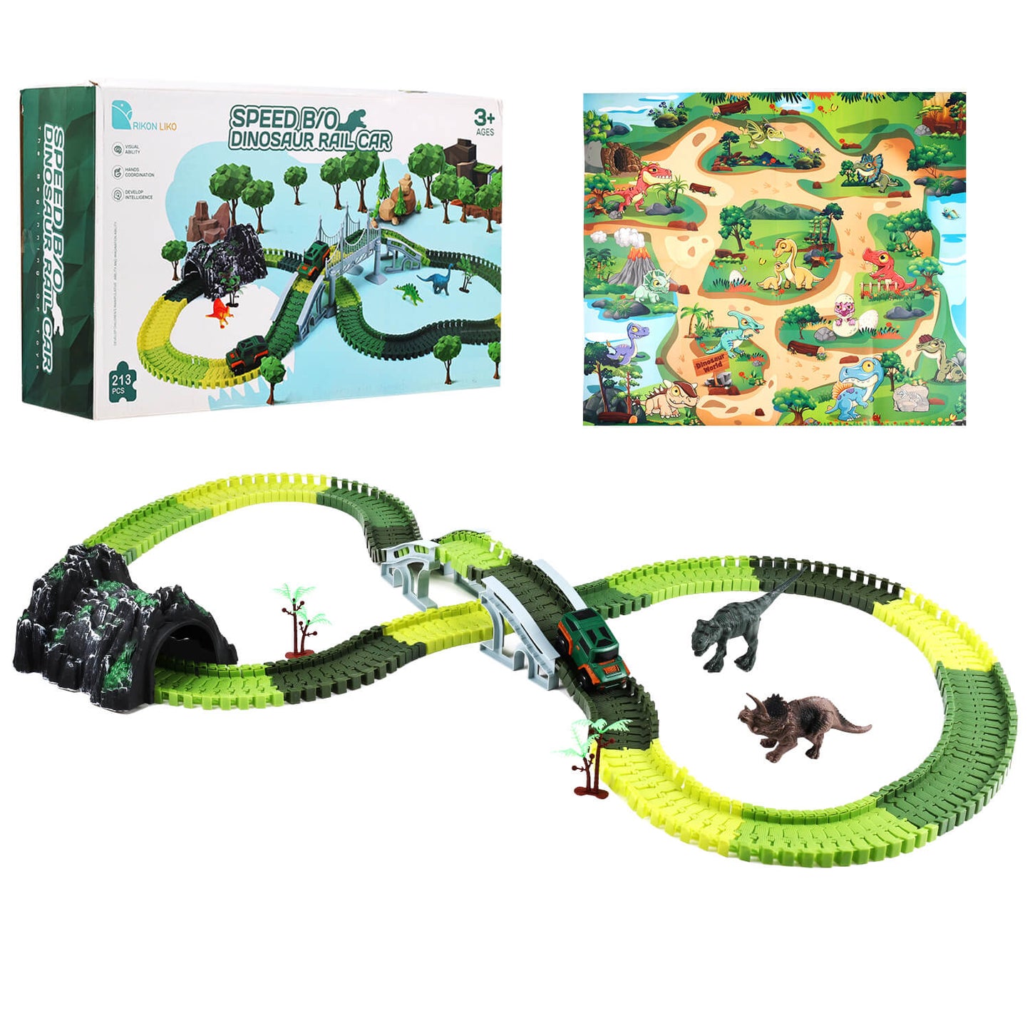 Full view of dinosaur race track set with box, assembled tracks and vibrant dinosaur theme map.
