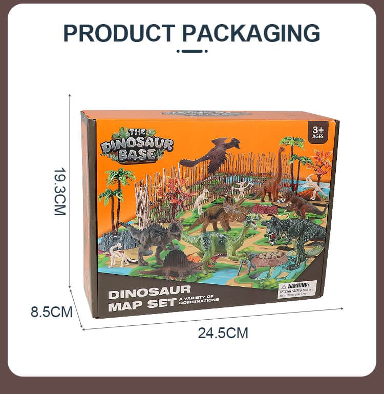 Gleamkid dinosaur toys product packaging dimensions. Box size for the 51 piece dinosaur map set, suitable for ages 3+.