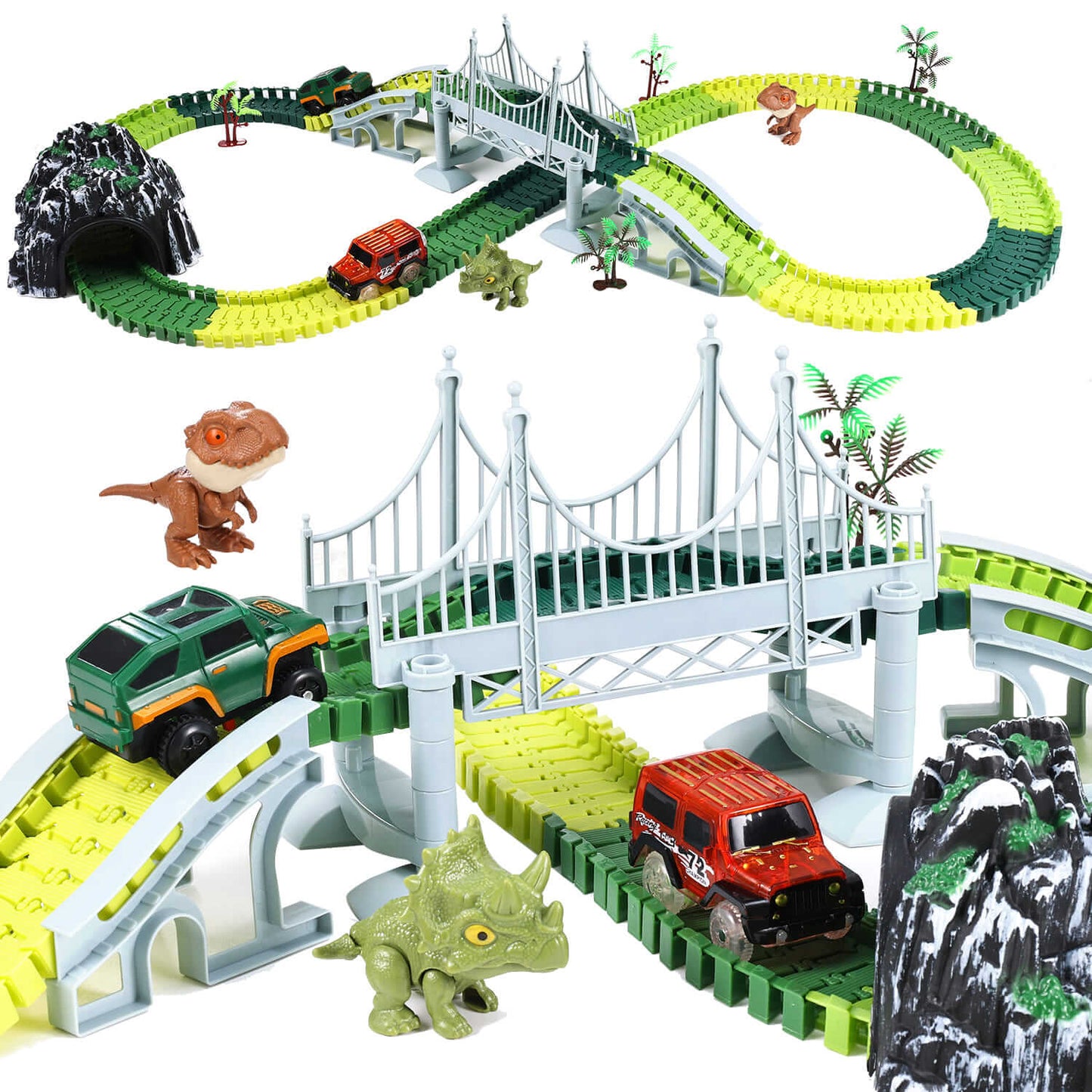 Close up of Anpro dinosaur race car track set showing bridge, cars, and dinosaur figures.