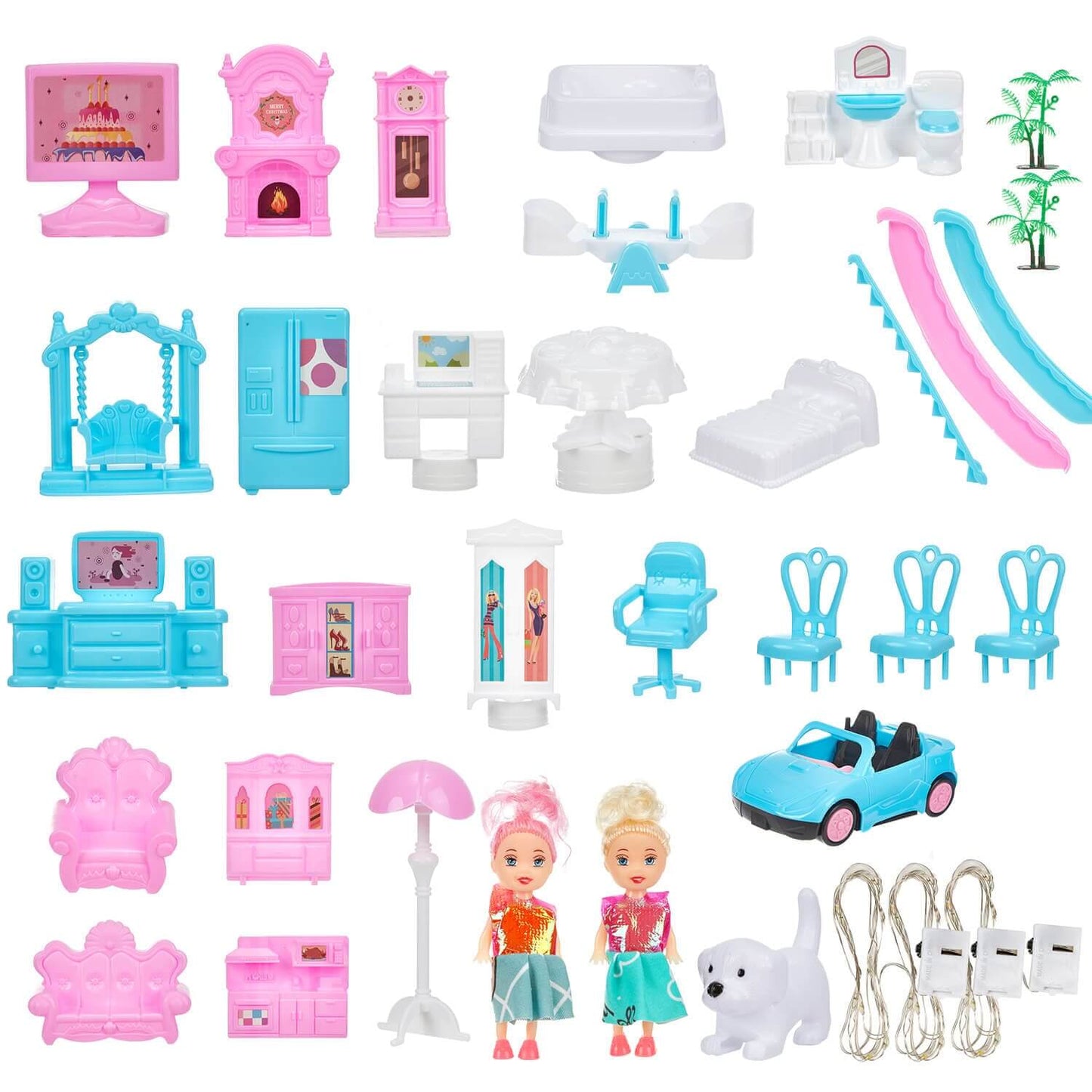 Gleamkid dollhouse accessories including furniture, dolls, car, and lights. Comprehensive set for pretend play.