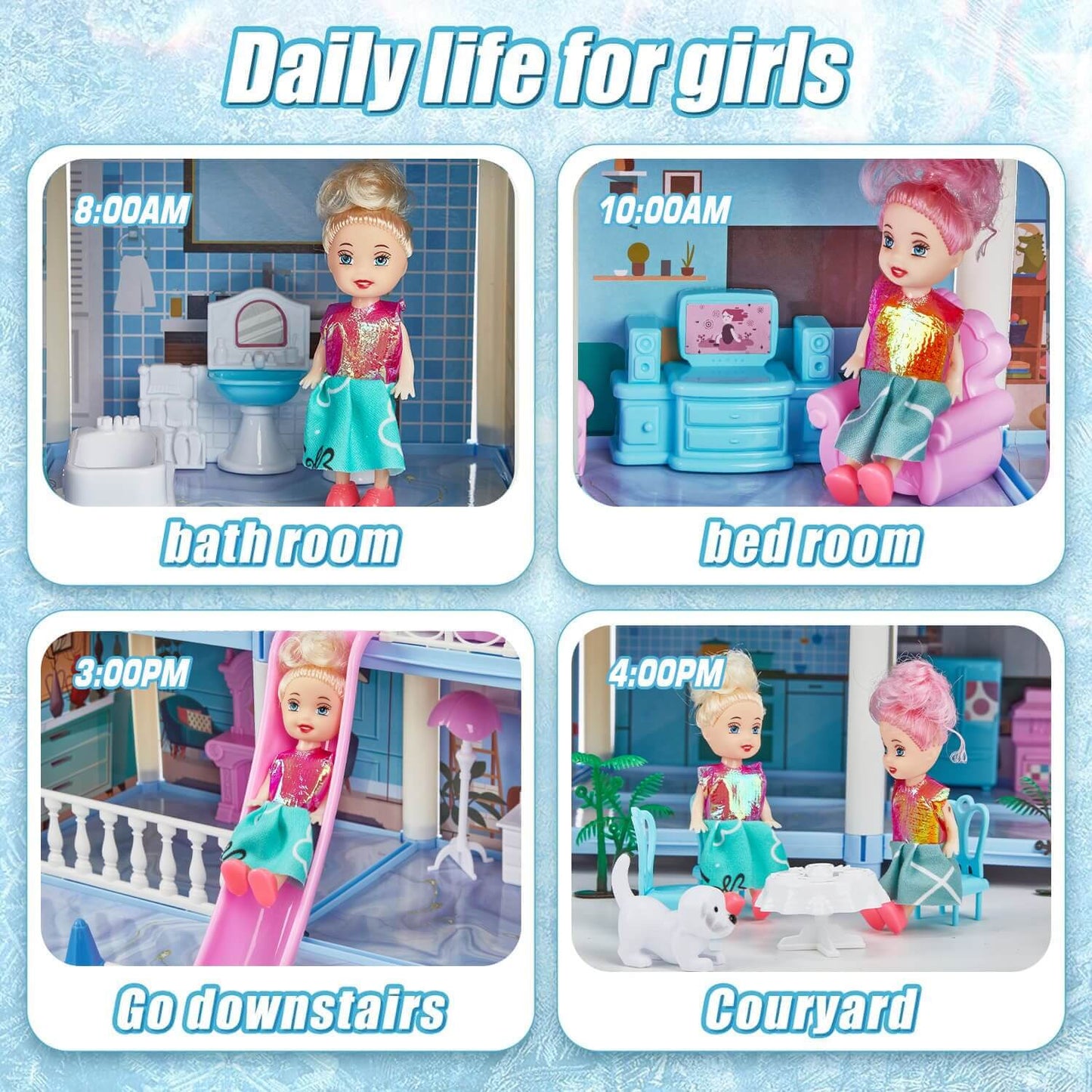 Kids dollhouse showing daily life scenes for girls