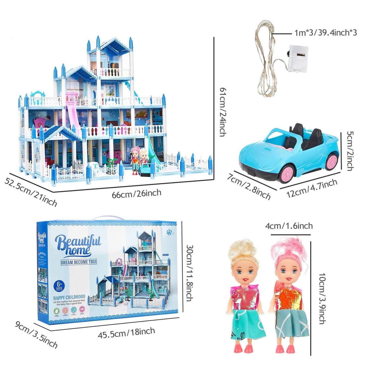 Gleamkid dollhouse dimensions along with sizes of included elements like dolls, car, and lights.