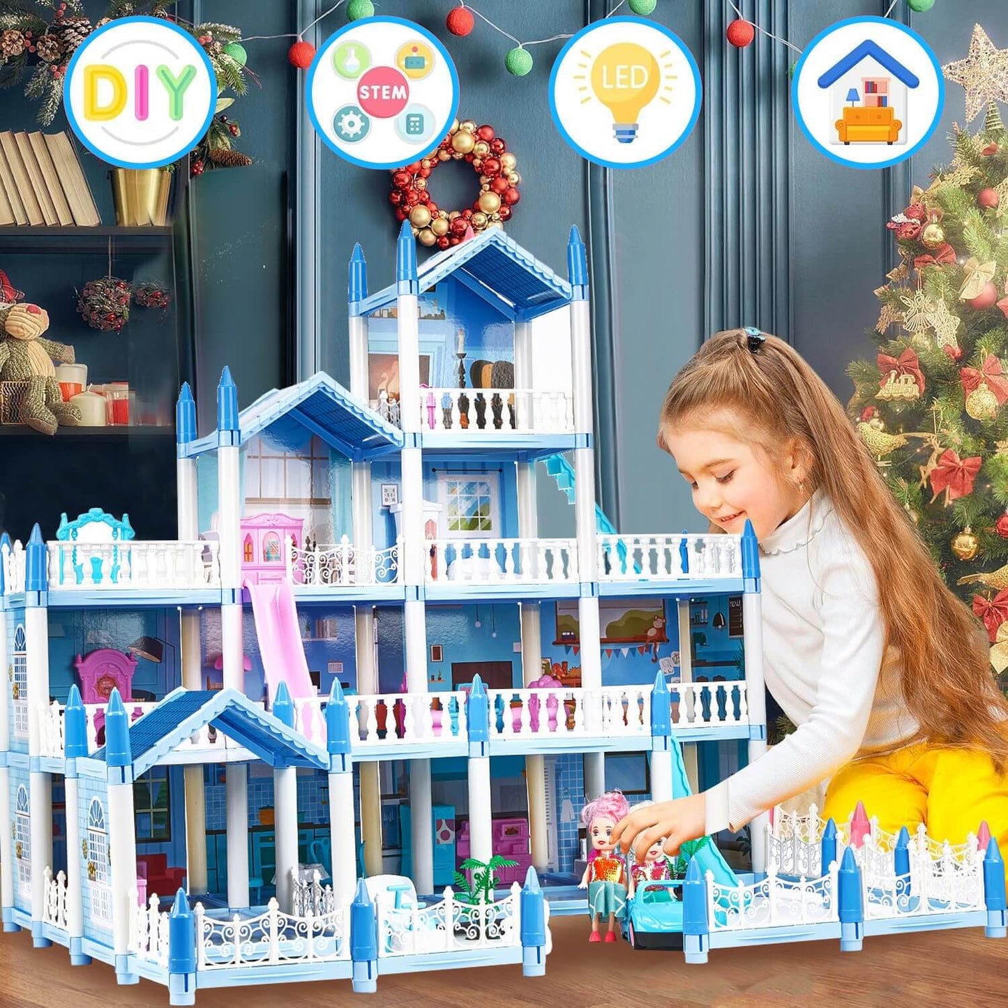 A girl engaging in DIY play with Gleamkid dollhouse, highlighting its STEM related and LED enhanced features.