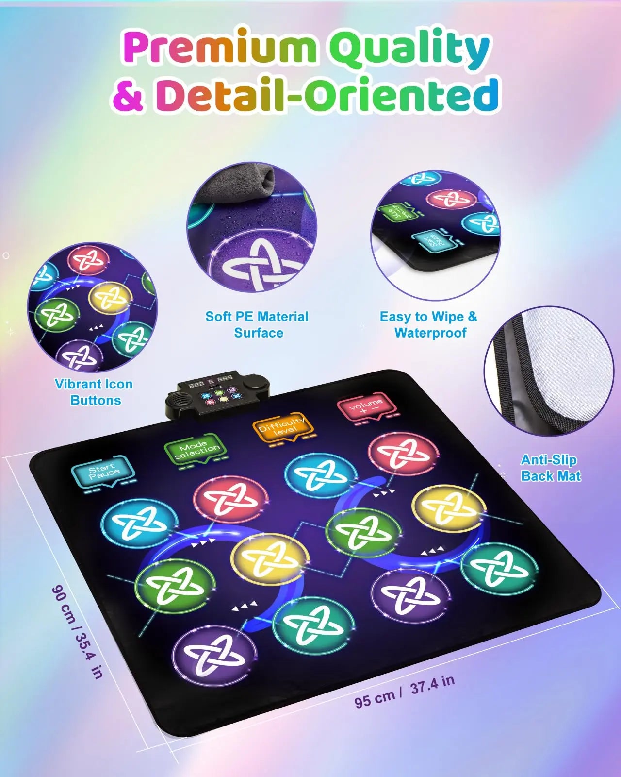 the premium quality features of the children's dance mat, including its waterproof surface and anti-slip back.