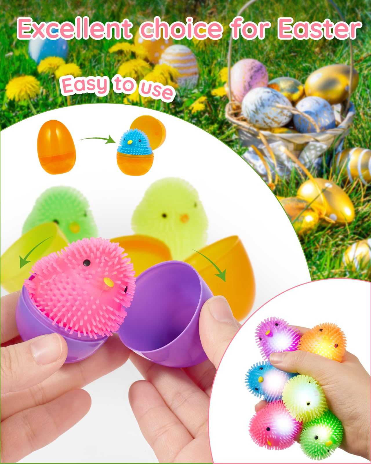 Excellent choice for Easter. Easter egg toys with easy to use chick LED balls.