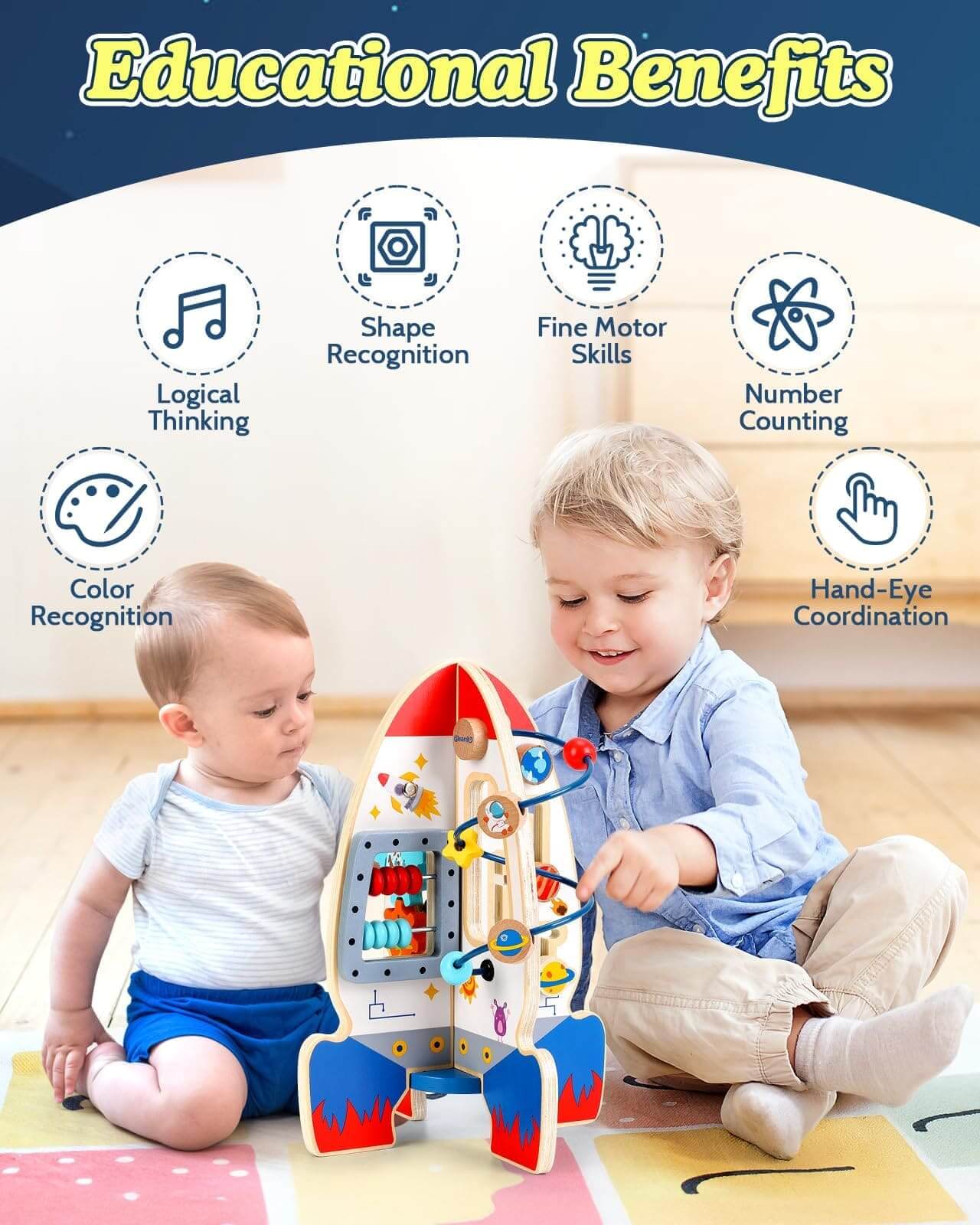 Educational benefits of wooden rocket Montessori toys, enhancing logical thinking, shape recognition, and fine motor skills.