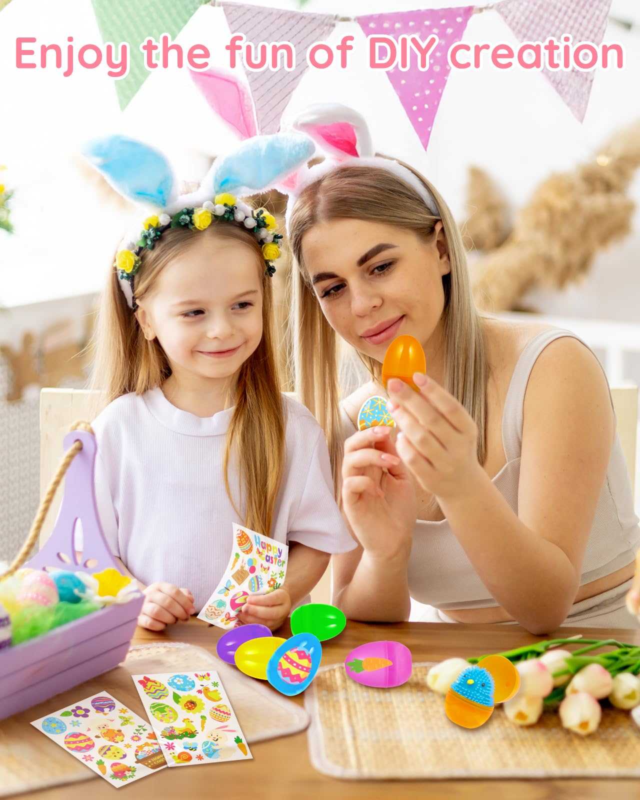 Enjoy the fun of DIY creation with Easter egg toys and stickers.