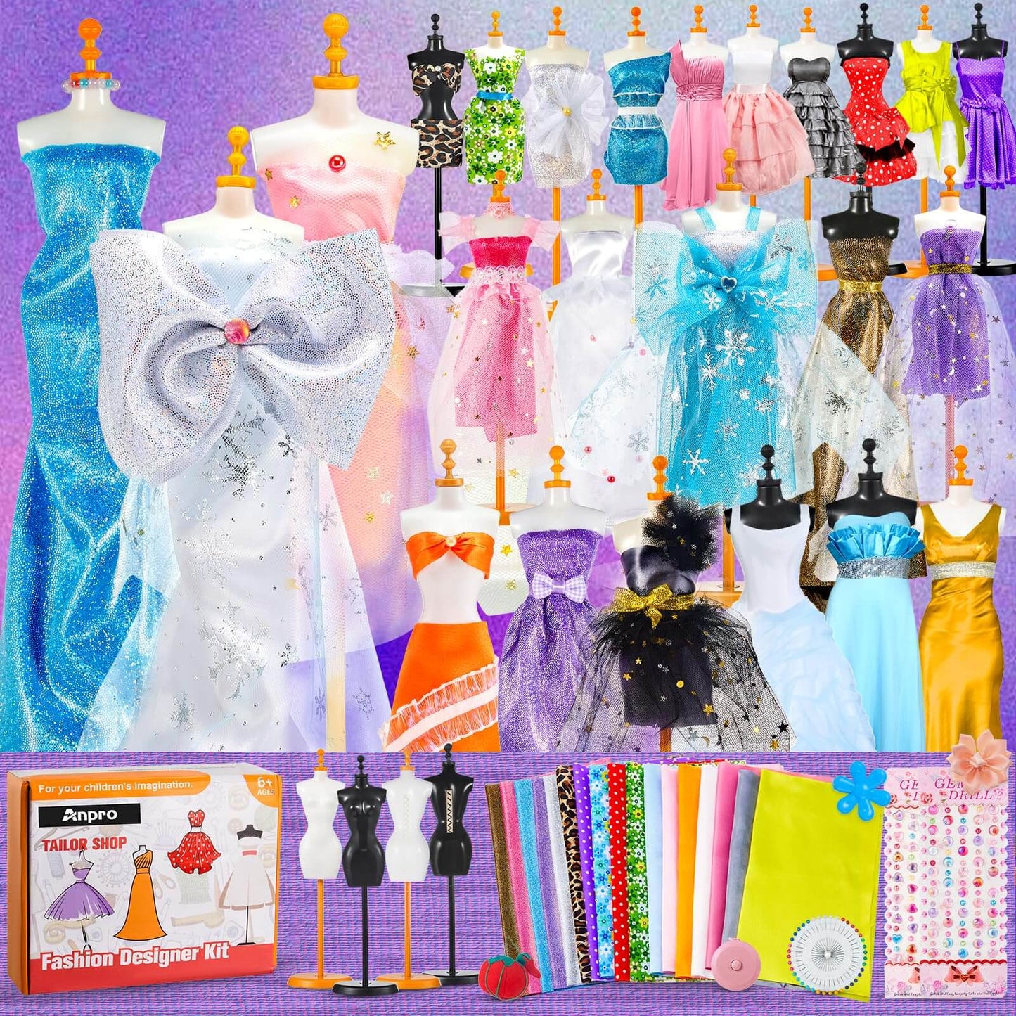 DIY Fashion Designer Kit showing various stylish outfits and 700+ pieces