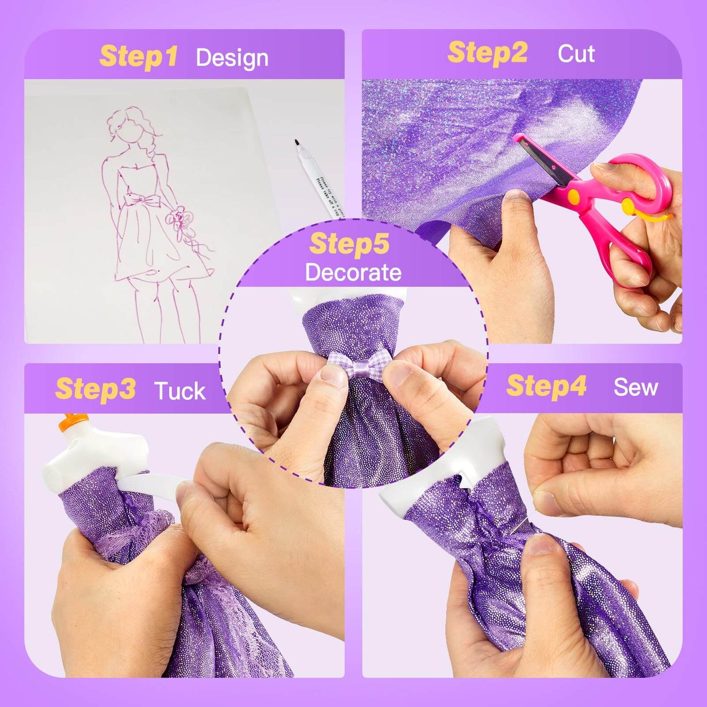 DIY Fashion Designer Kit steps: design, cut, tuck, sew and decorate outfits.