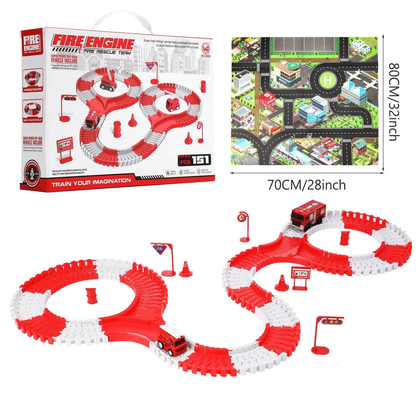 Packaging of the fire rescue race car track set with dimensions. Comes with a city map and showcases the set's components.