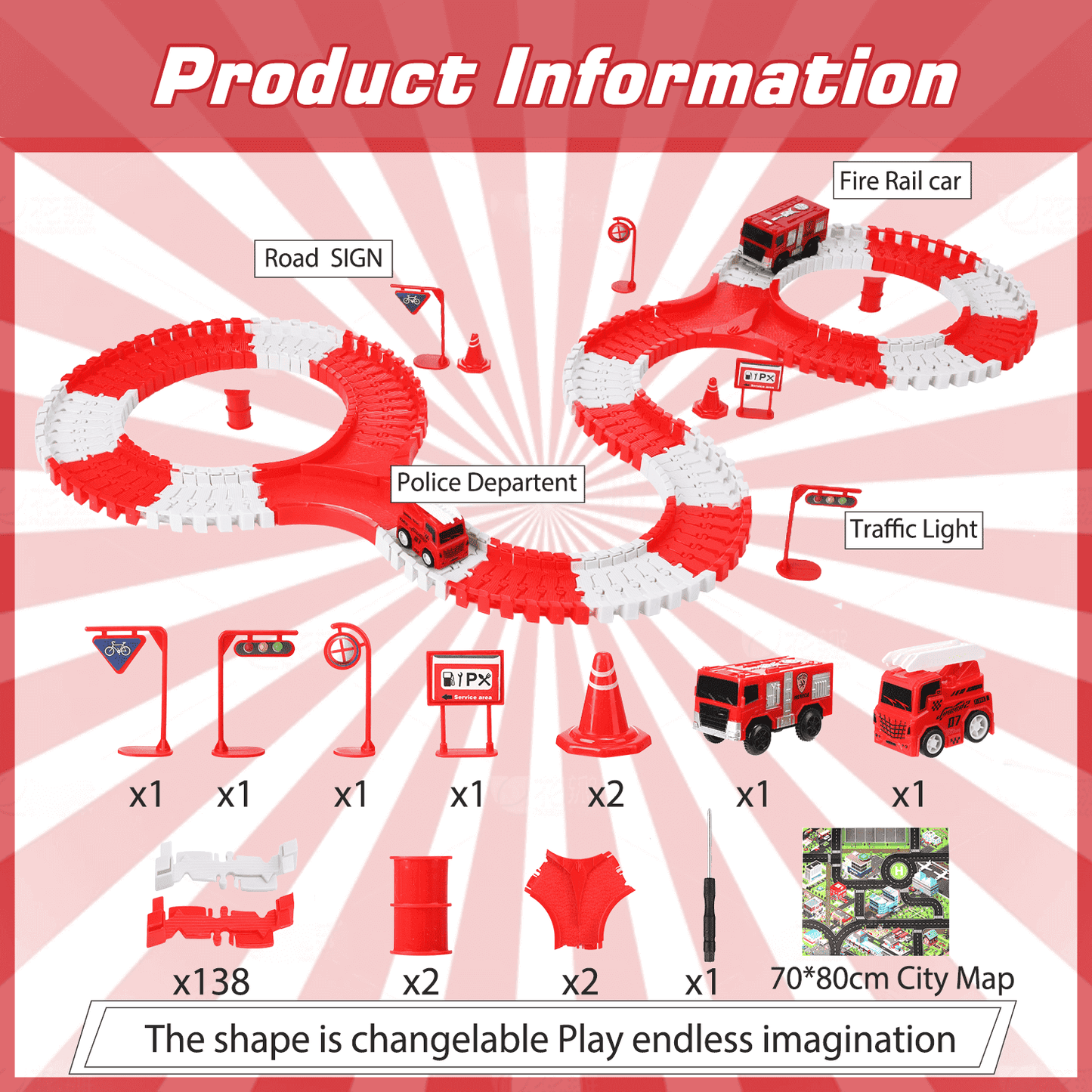 Product information of the fire rescue race car track set. Includes details of components like fire rail cars, road signs, and a city map.