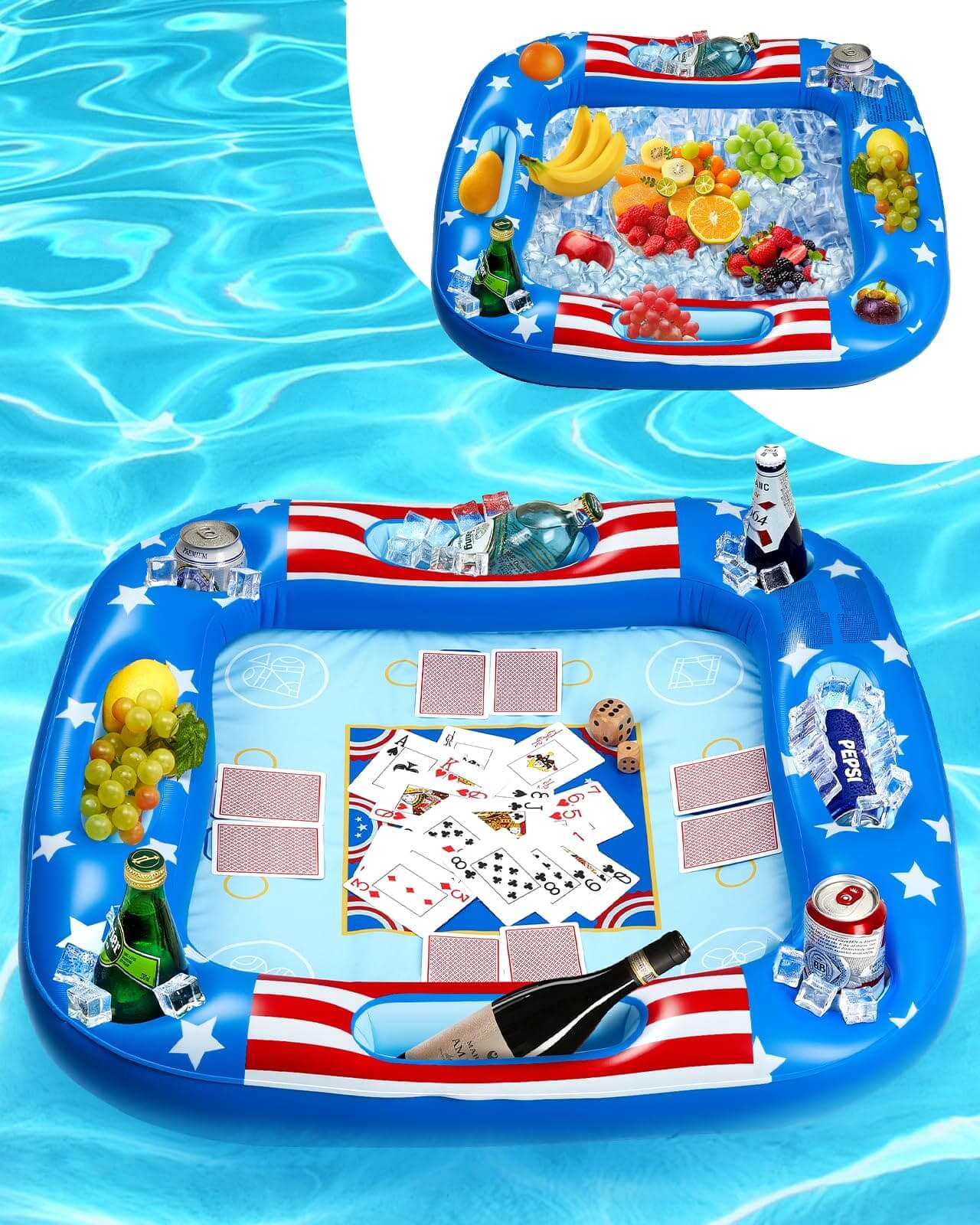 Floating pool games table holding drinks and fruits