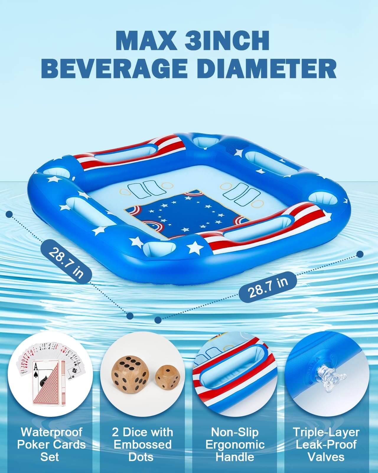 Dimensions and accessories of the floating pool games table, including waterproof cards, dice, and ergonomic handles.