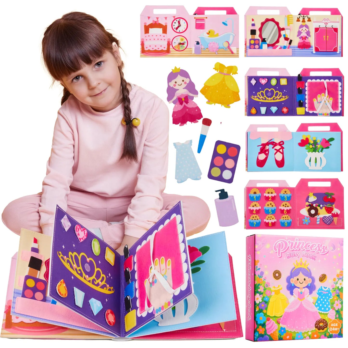 Little girl engaged with a princess-themed toddler busy book