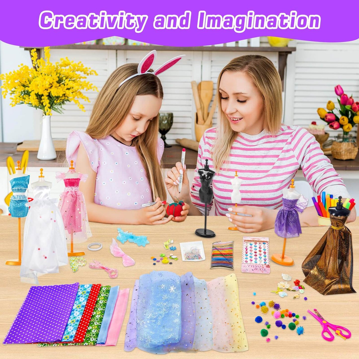 Girls using DIY Fashion Designer Kit to unleash creativity and design outfits.