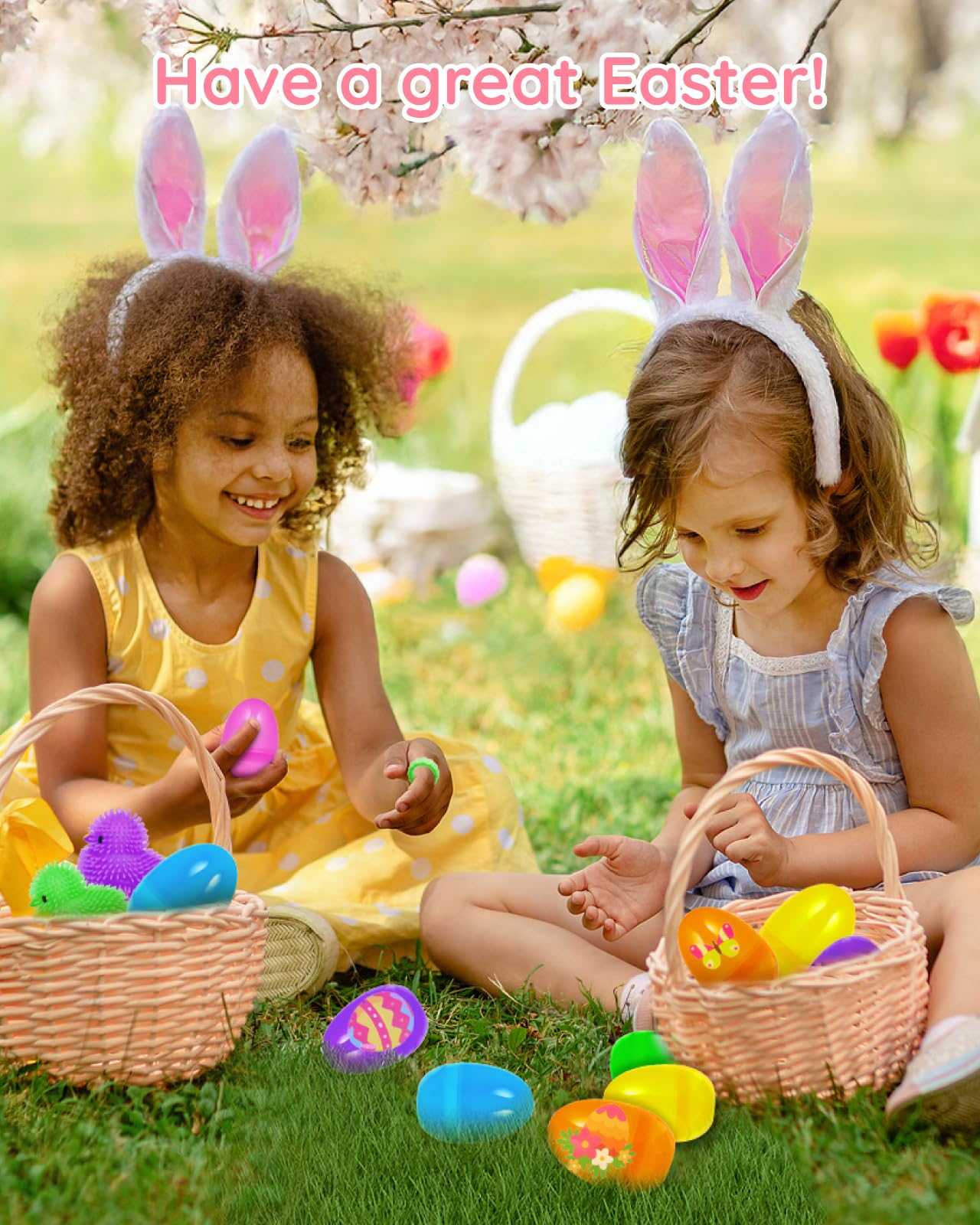 Children having great Easter fun with Easter egg toys in the garden.