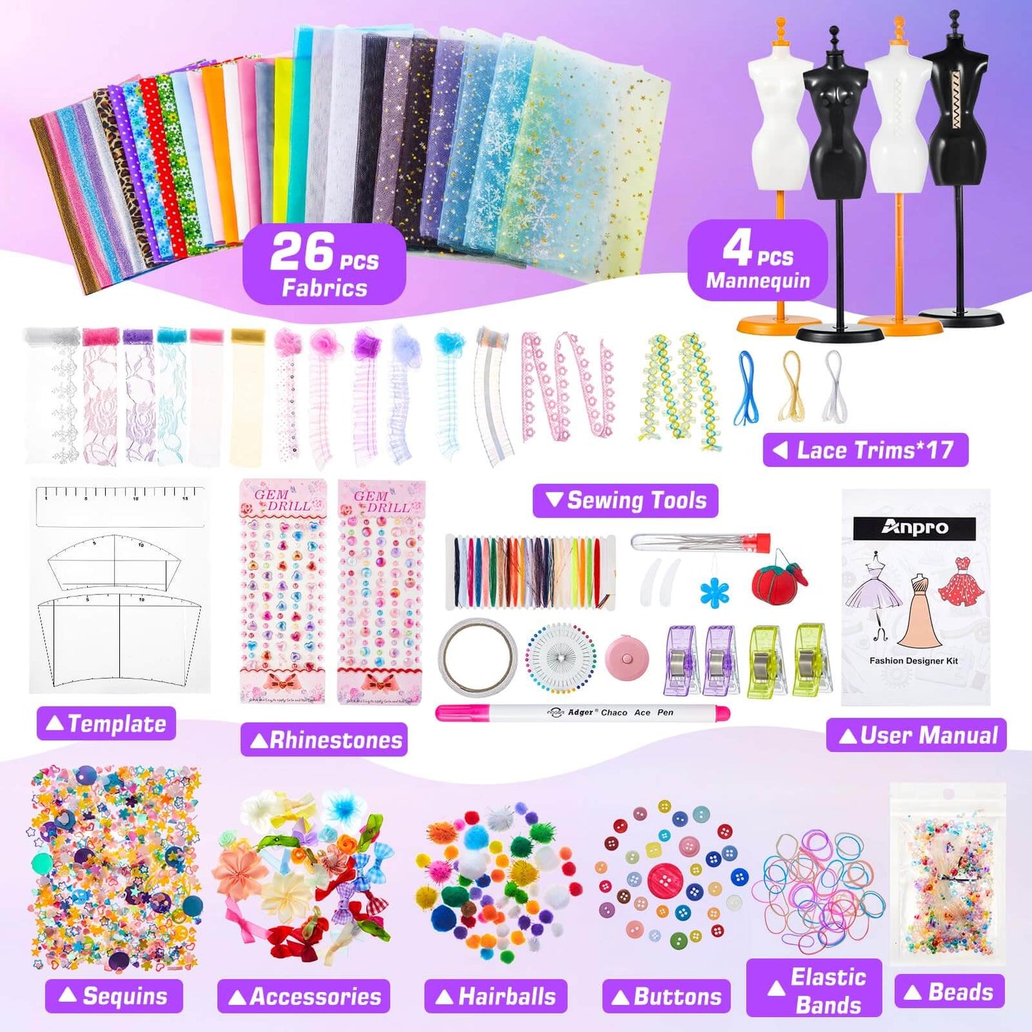 DIY Fashion Designer Kit with fabrics, mannequins, sewing tools and decorations.