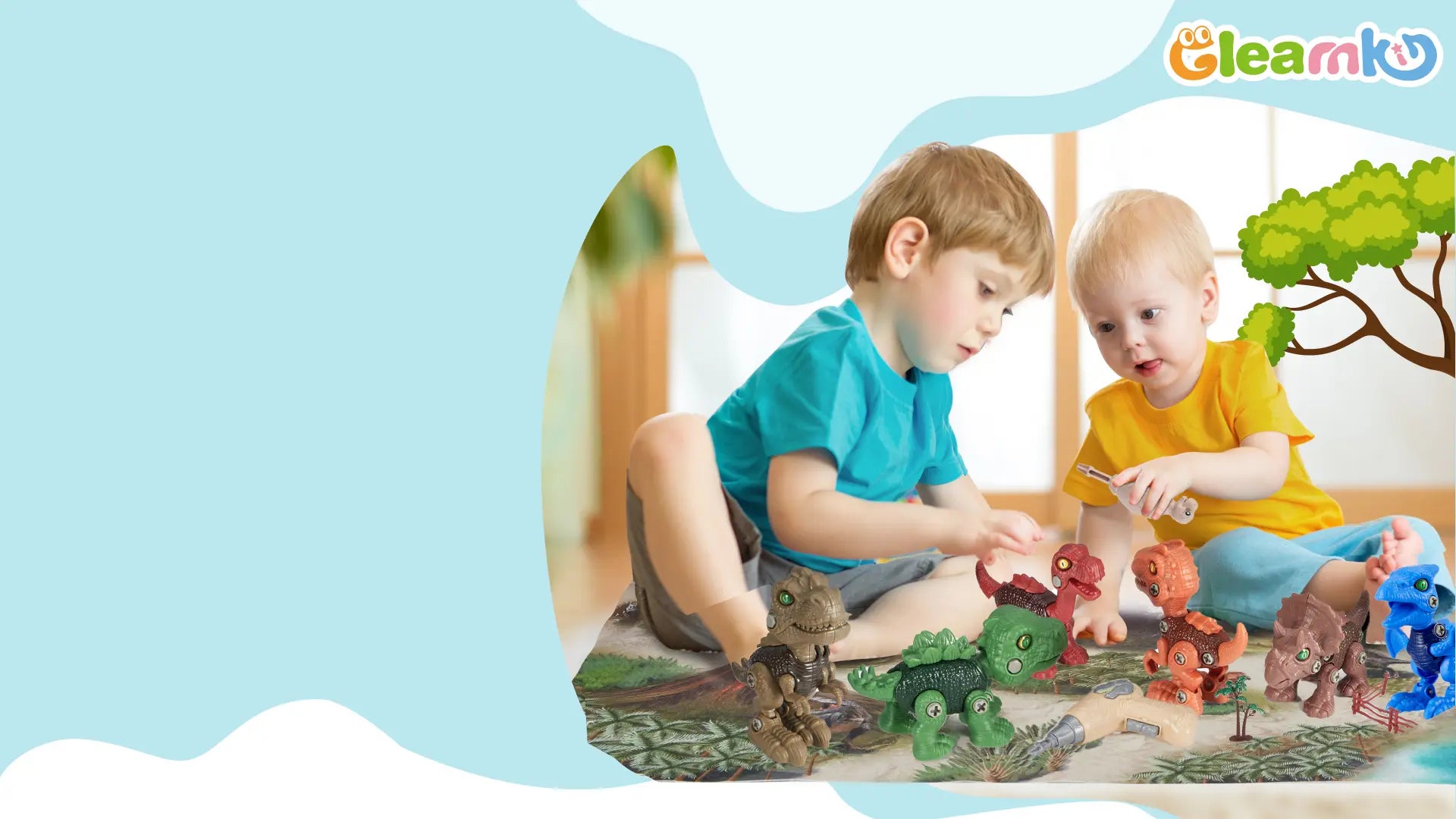 two boys are playing take apart dinosaur toys