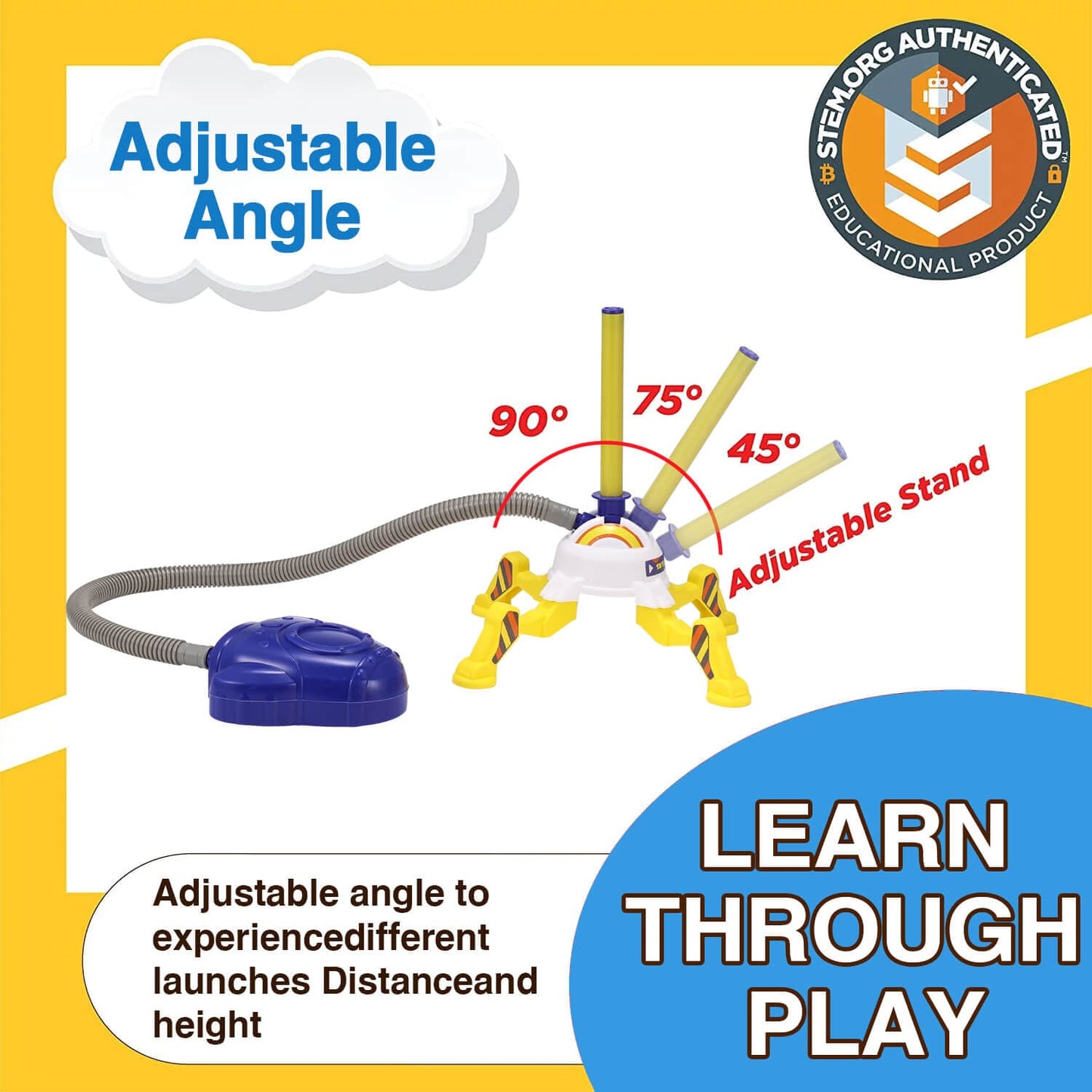 gleamkid rocket launcher's stable stand with adjustable angles (90, 75, 45 degrees) for varied flight.